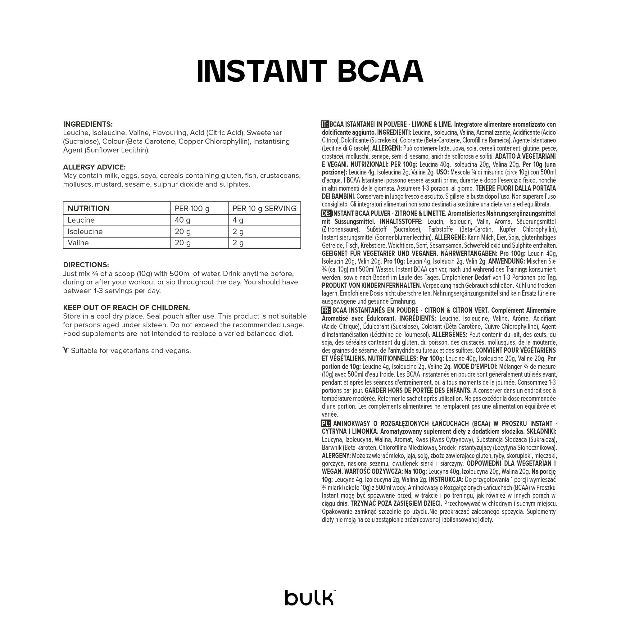 Bulk Pure Instant Branched Chain Amino Acids BCAA Powder, Lemon and Lime, 500 g, Limone & Lime, 50 Porzioni