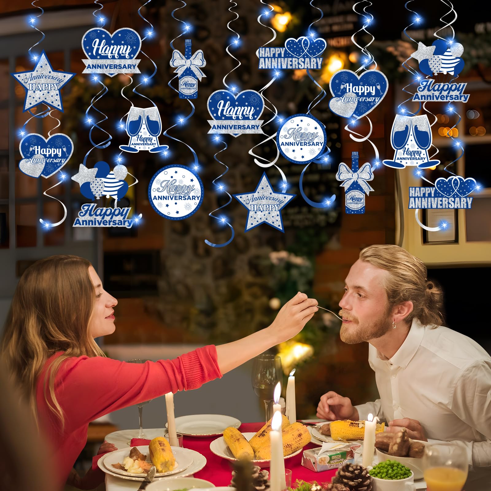 Wedding Anniversary Party Decorations Hanging Swirls, 16Pcs Blue Silver Happy Anniversary Hanging Ceiling Swirls with LED Light for Men Women Anniversary, 25th 50th 60th Wedding Anniversary Party Decor