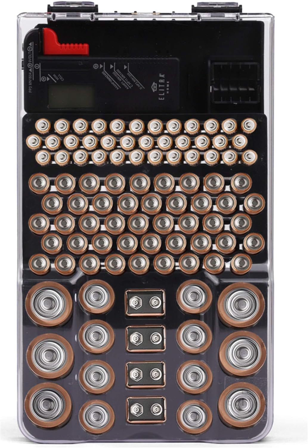 Final Battery Organizer, 104-Slot Storage Case with LCD Tester – Holds AA, AAA, C, D, 9V & Button Batteries, Wall Mountable, Clear Cowl Exhausting Plastic Holder