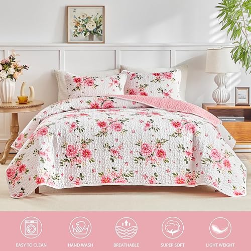 Miniatura 2 de UOZZI BEDDING Juego de edredón floral de 3 piezas, tamaño Queen, color blanco y rosa, de microfibra suave, ligero, reversible, para todas las