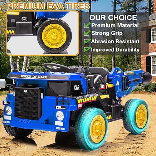 Miniatura 4 de NEWQIDA Camión volcador de 24V para niños, coche eléctrico con control remoto, vehículos de construcción con cama basculante eléctrica, pala, 2 Azul