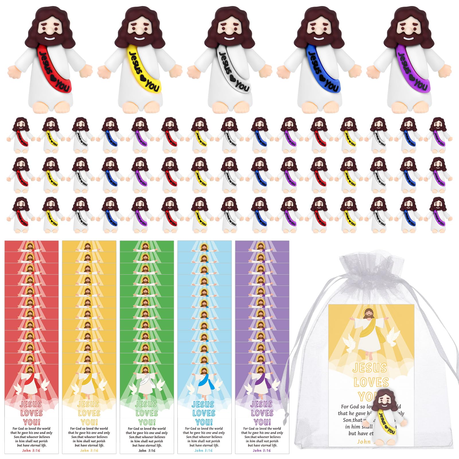 50 Mini Figure Gesù In Gomma - Statuette Religiose Per Bomboniere Pasqua, Caccia Alle Uova E Scuola Domenicale (5 Colori, 3x3,5 Cm) - 4