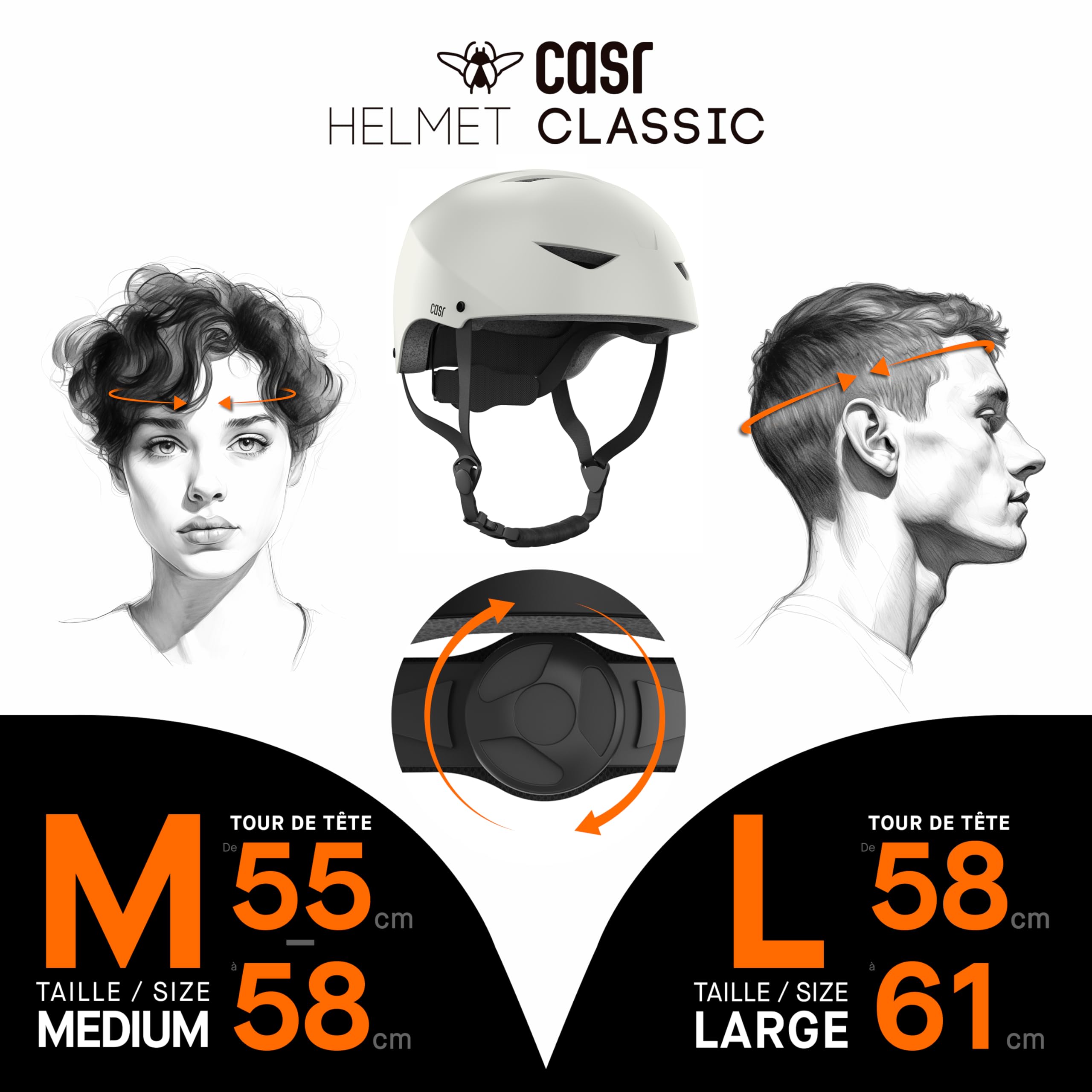 CASR Classic - Casque Bol Certifié EPI pour Skate, Vélo & Trottinette Electrique - Clip de Serrage Ajustable, Sangles en Nylon - Léger & Confortable pour Homme & Femme - Gris - Taille M