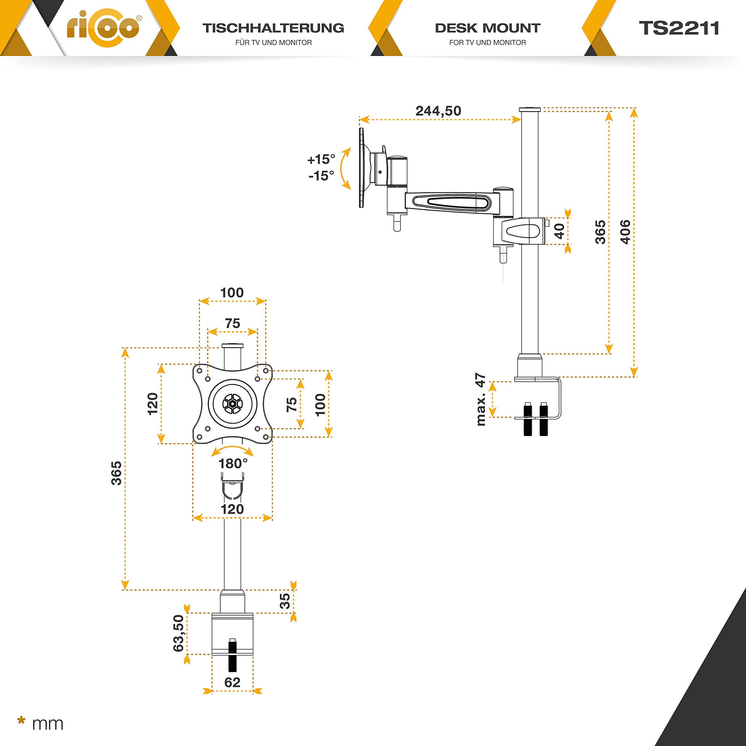 RICOO TS2211 Support Écran PC TV 13 17 19 22 24 27 28 32 Pouces Orientable Inclinable Rotatif Universel Bras Articulé Fixation Bureau Pince de Table VESA 75x75 100x100