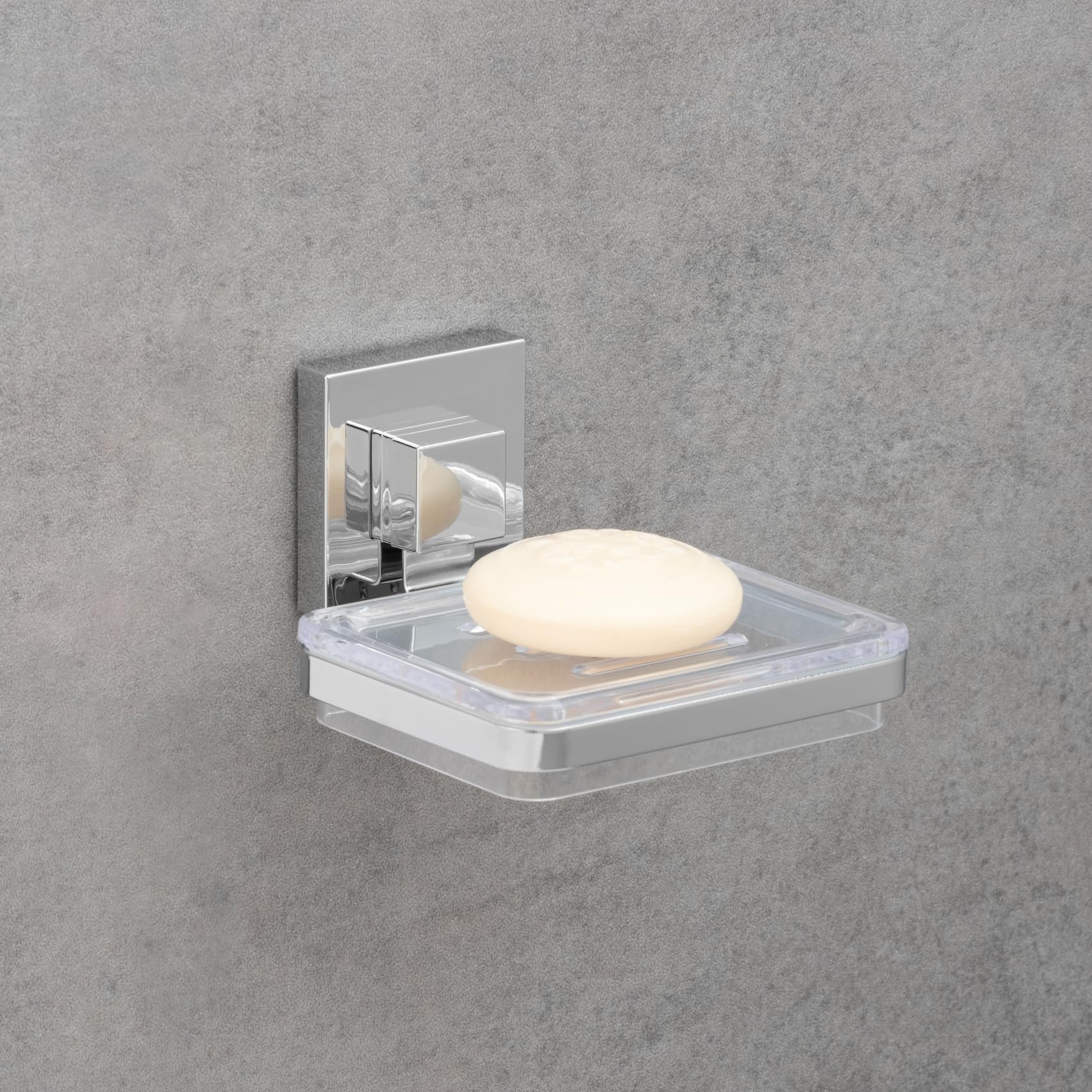 WENKO Vacuum-Loc® mydelniczka ścienna Quadro, mydelniczka do łazienki i kuchni, uchwyt ścienny bez wiercenia, nierdzewna, błyszcząca stal nierdzewna z przezroczystą miską z tworzywa sztucznego, 12 x 6,5 x 12 cm