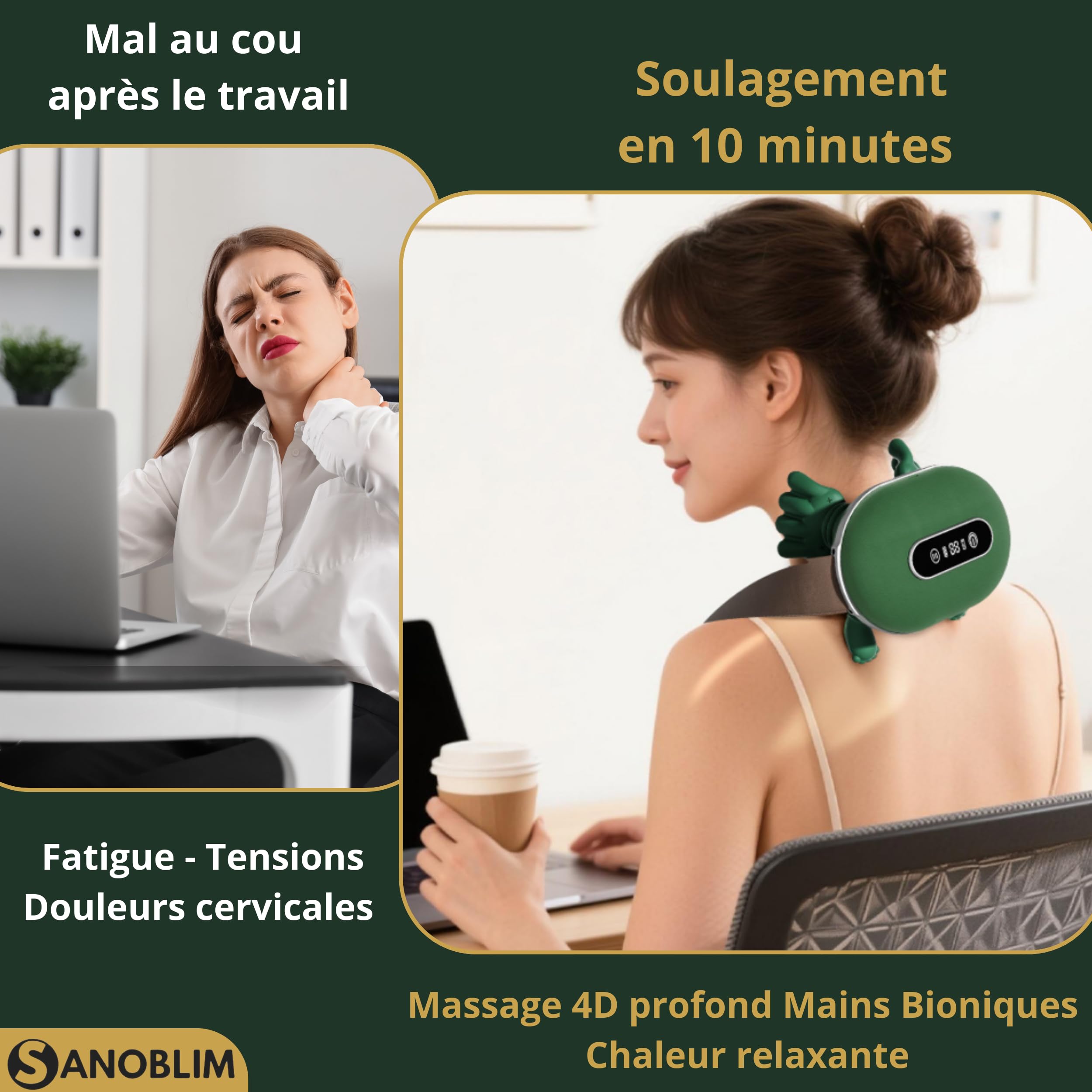 Masseur Cou et Cervicales Shiatsu 4D Électrique avec Chaleur (2 Réglages) – Main Bionique Massante Nuque,Dos et Épaules, 3 Intensités de Massage, Appareil de Relaxation Musculaire, Sans Fil,Vert