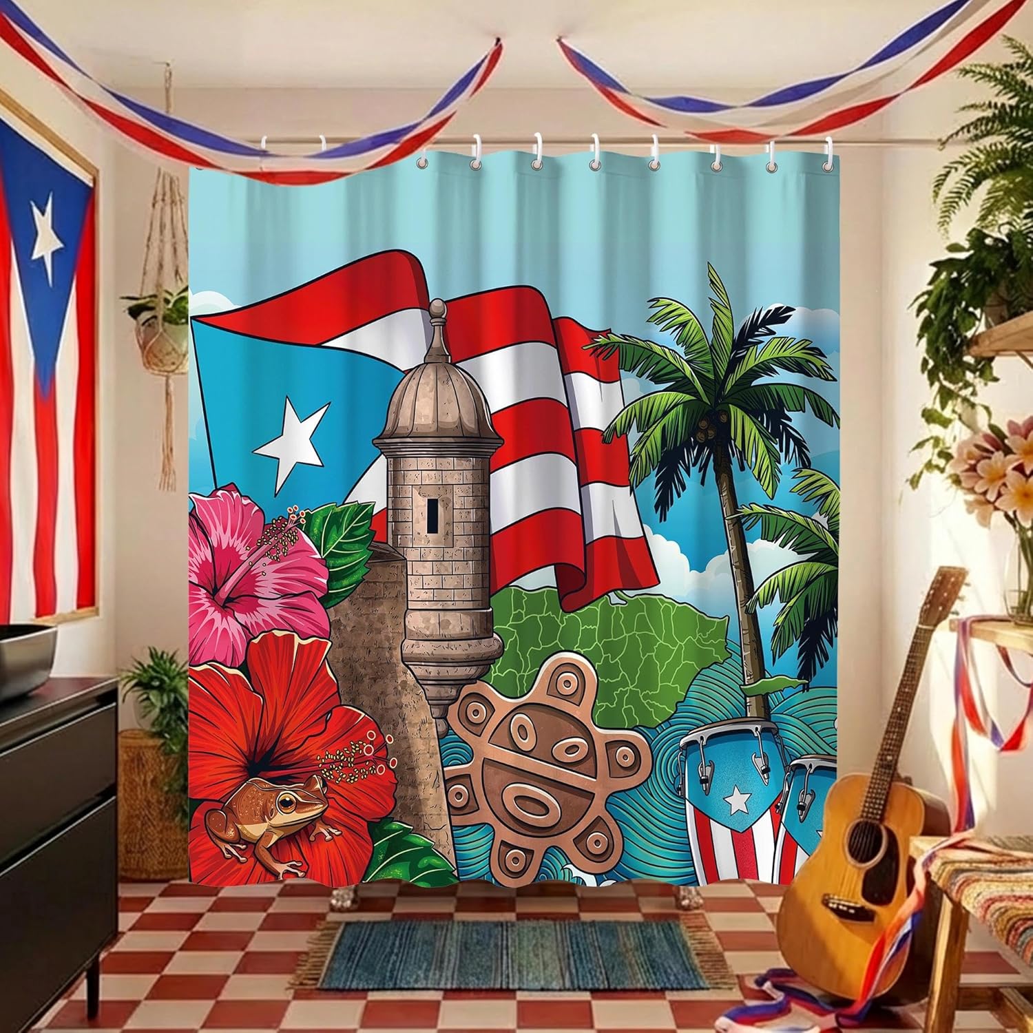 Puerto Rico Flag Shower Curtains,Puerto Rico Souvenirs for Bathroom Decor,Funny Waterproof Polyester Long Bath Curtains,72 x 84 Inches