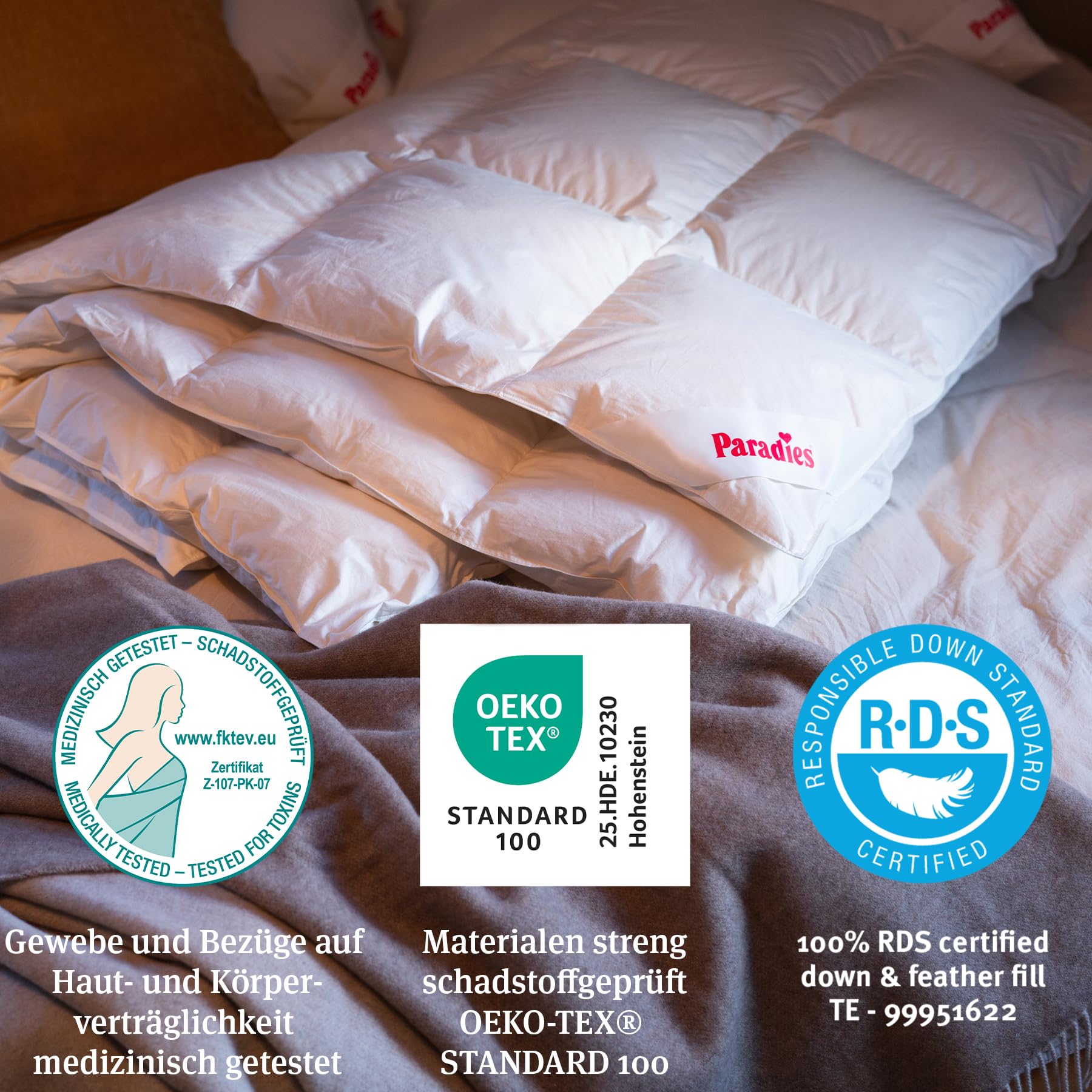 PARADIES Daunendecke 200x200 cm - Gabi 90 Ganzjahresdecke 200x200 cm | 90% Gänsedaunen + 10% Gänsefedern, Füllgewicht: 1.127g, Bettdecke 200x200 Daunen, Made in Germany, leicht & kuschelig