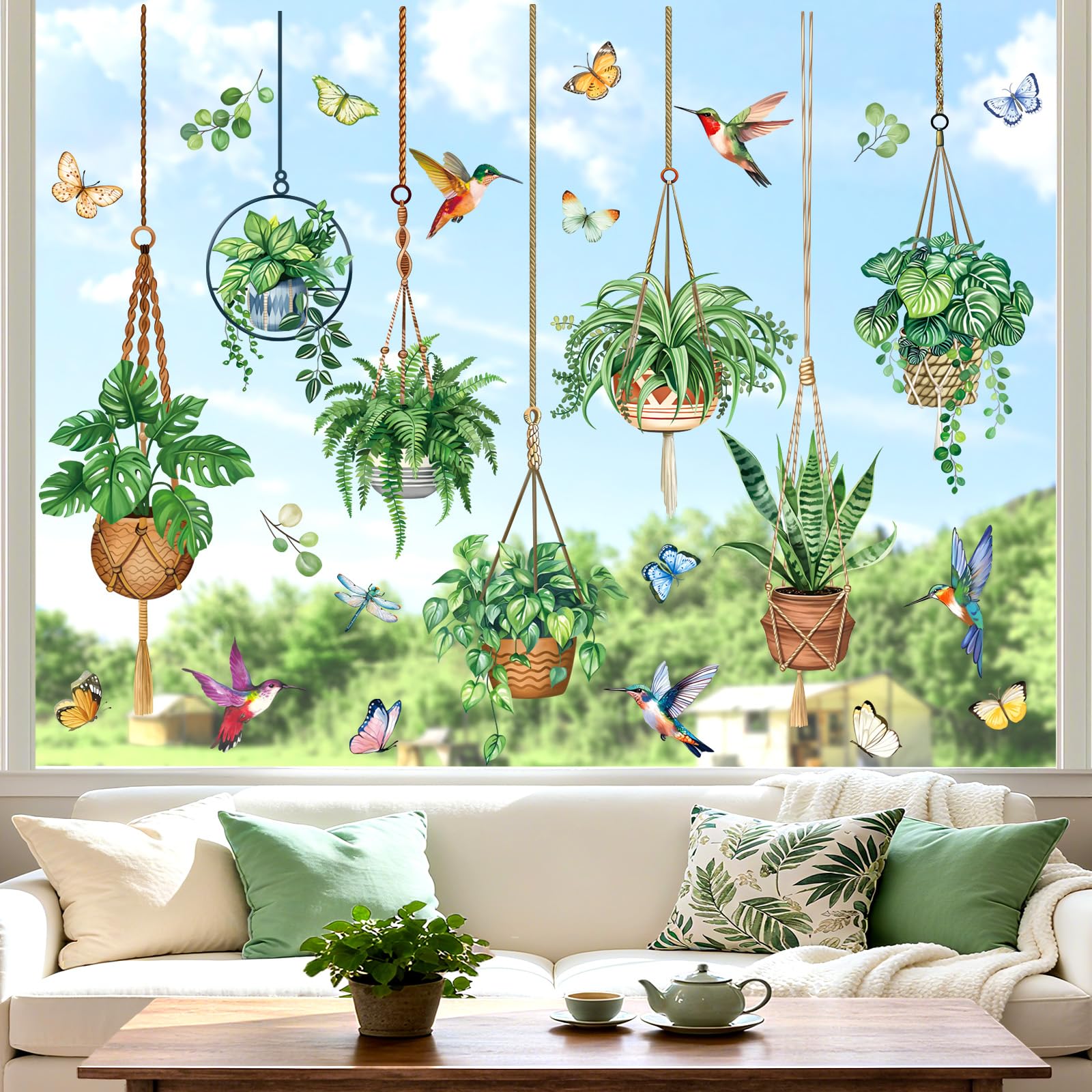 decalmile Spring Hanging Potted Plant Double Sided Window Clings Botanical Cactus Green Leaves Anti-Collision Glass Doors Window Stickers Decals