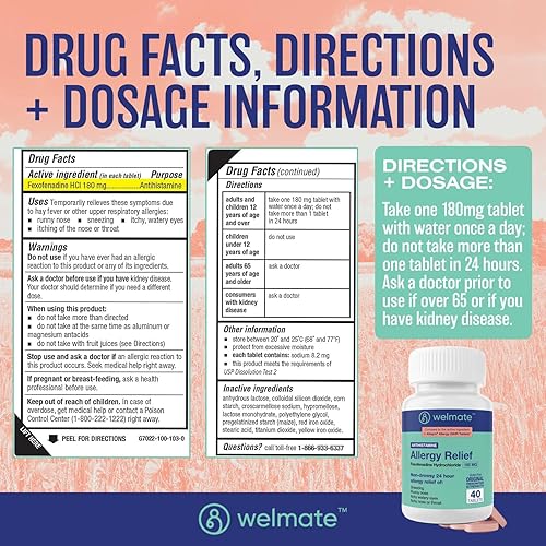 Miniatura 8 de WELMATE Alivio de la alergia  Fexofenadina HCl 180 mg Antihistamínico sin somnolencia  100 comprimidos  Soporte 24 horas todo el día