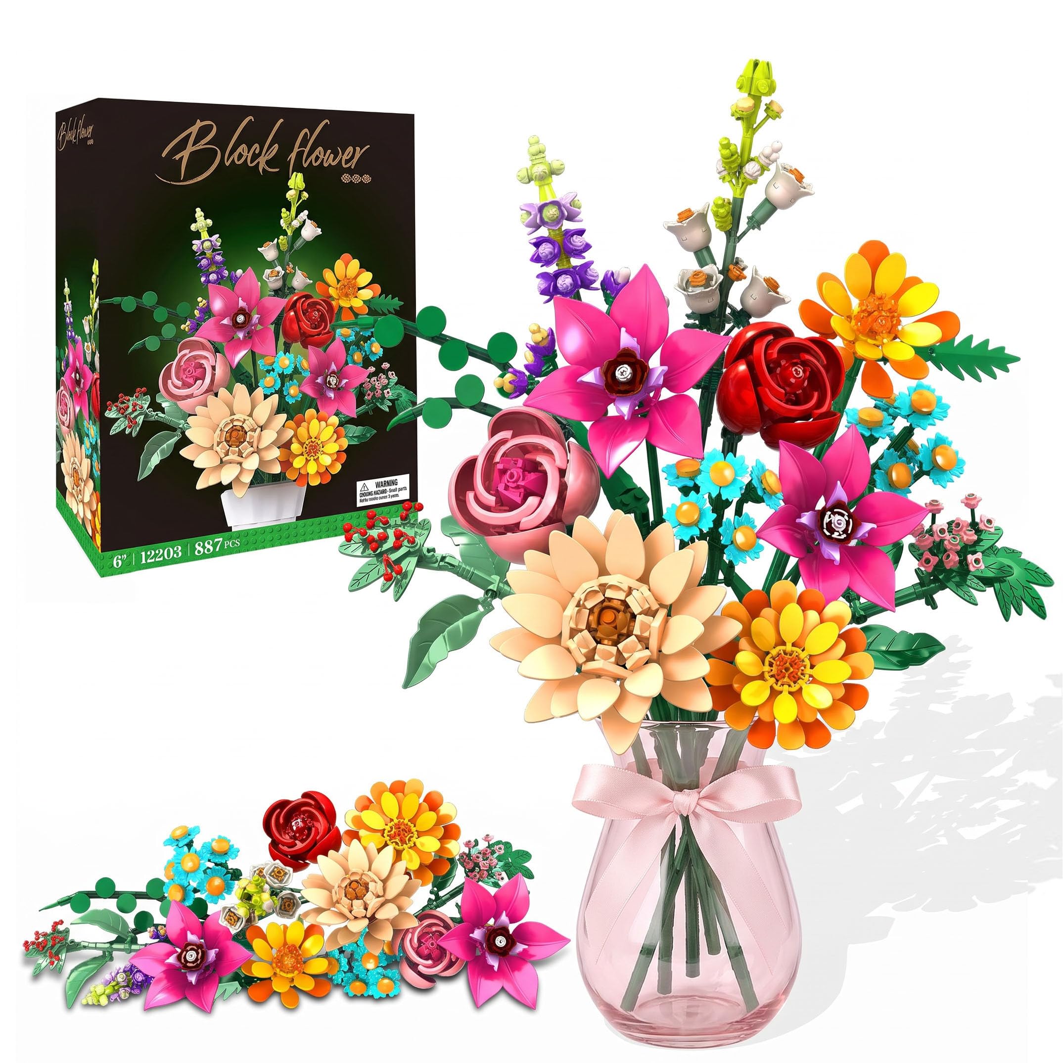 Flower Building Block Set, 13 Style Rose Cosmos Daisy Water Lily Plant Bouquet Botanicals Collection Toy for Home Office Decor Adults Women Girlfriend Thanksgiving Day, Birthday Gifts 887 Pcs 6+