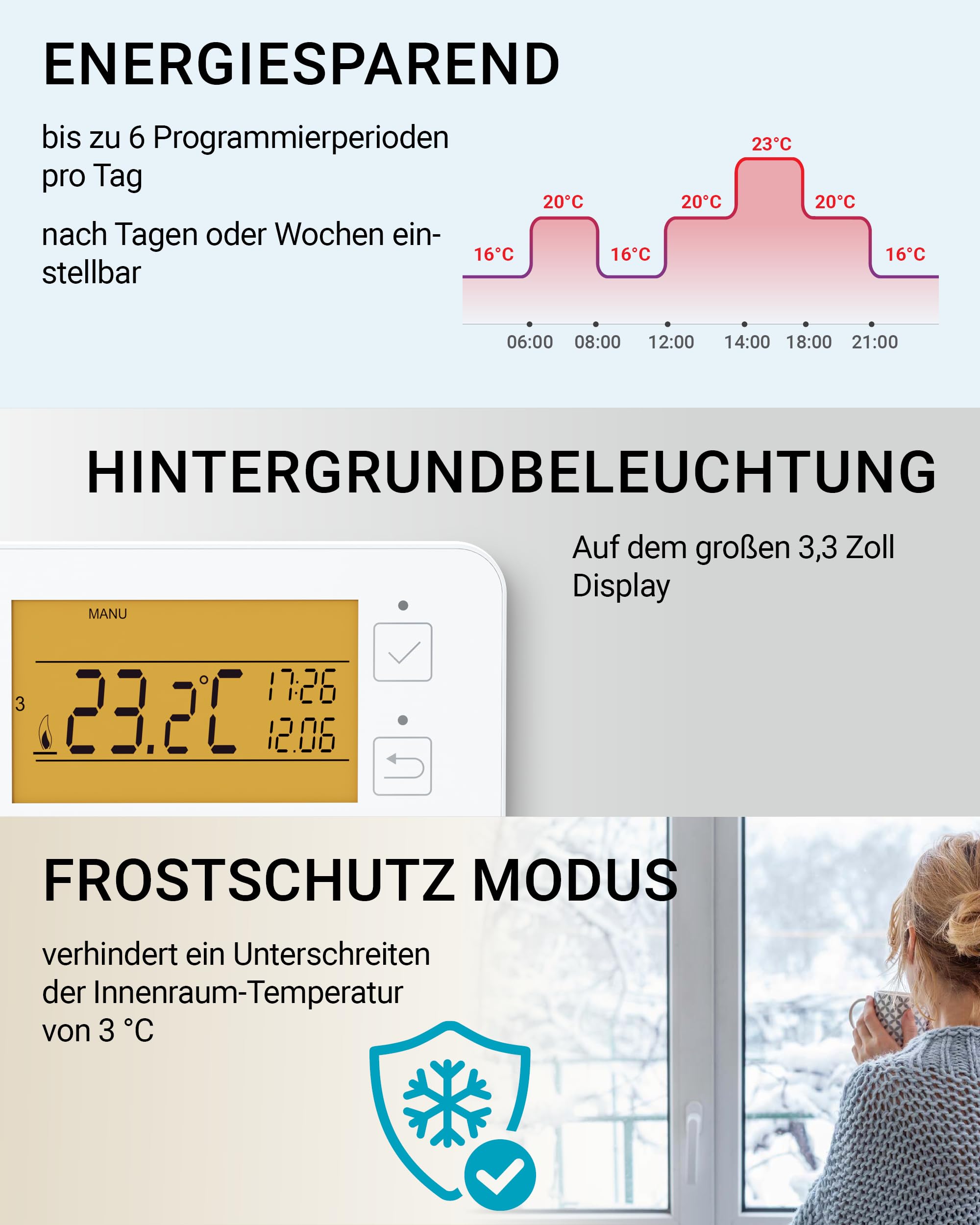 ELEKTROBOCK PT23 - Programmierbares Wandthermostat mit Touch-Tasten - 𝑳𝓐𝑵𝐆𝑳𝜠𝓑𝑰𝐆 - Großes beleuchtetes LCD Display - Wochenprogramm - Batteriebetrieben - Für alle Kesselarten geeignet