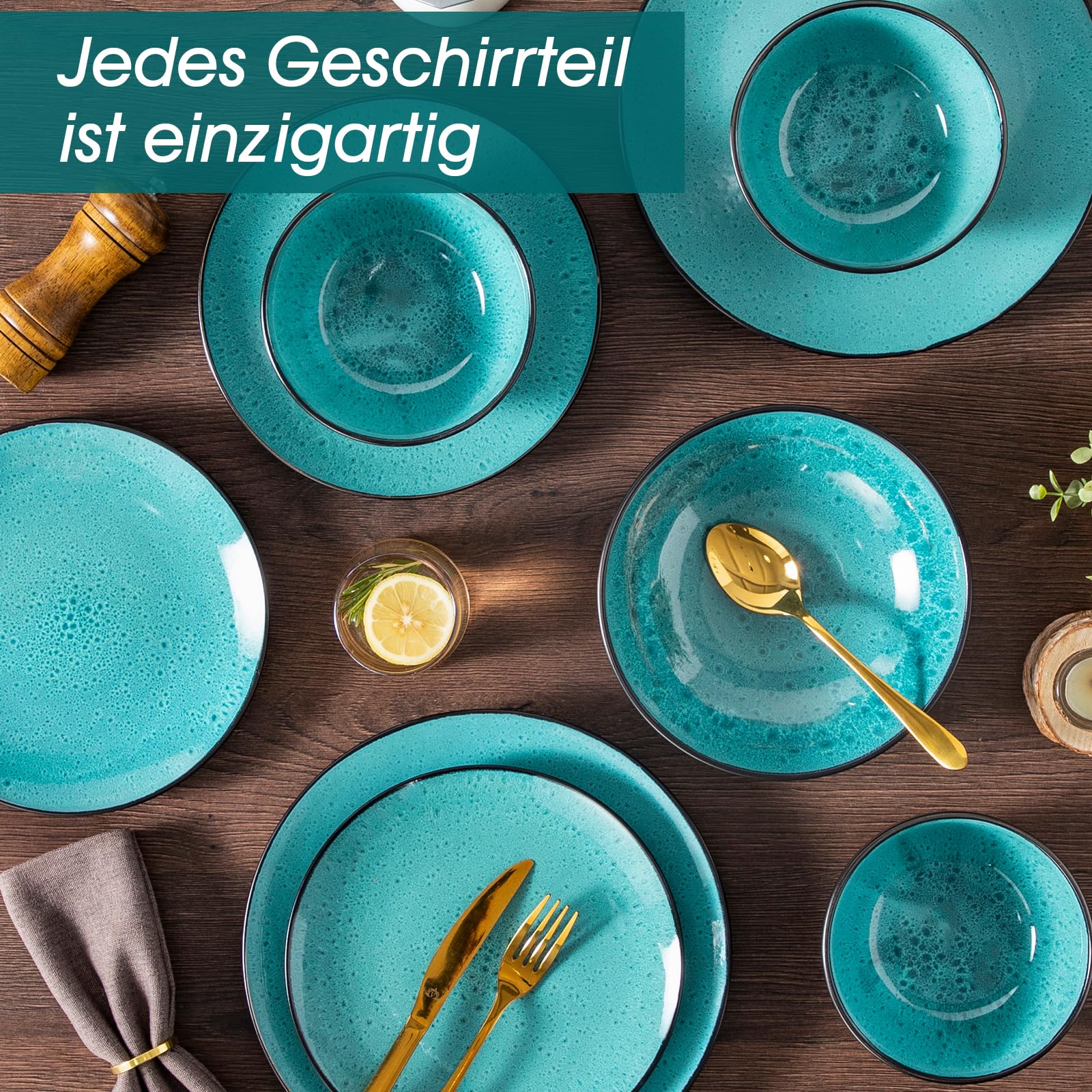 Tafelservice 6 Personen, vancasso BUBBLE Geschirrset 6 Personen aus Steingut, 24-tlg modernes Geschirr Set grün, mit Teller Set und Schalen Set, mikrowellenfest