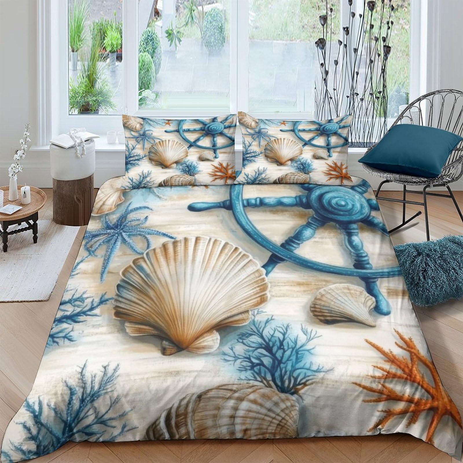 GPLZQXKJNH 3D Printed Ocean Seashell Duvet Cover Set Microfiber Soft Breathable Starfish Bedding Set with 2 Pillowcases for Bedroom Décor Single（135x200cm）