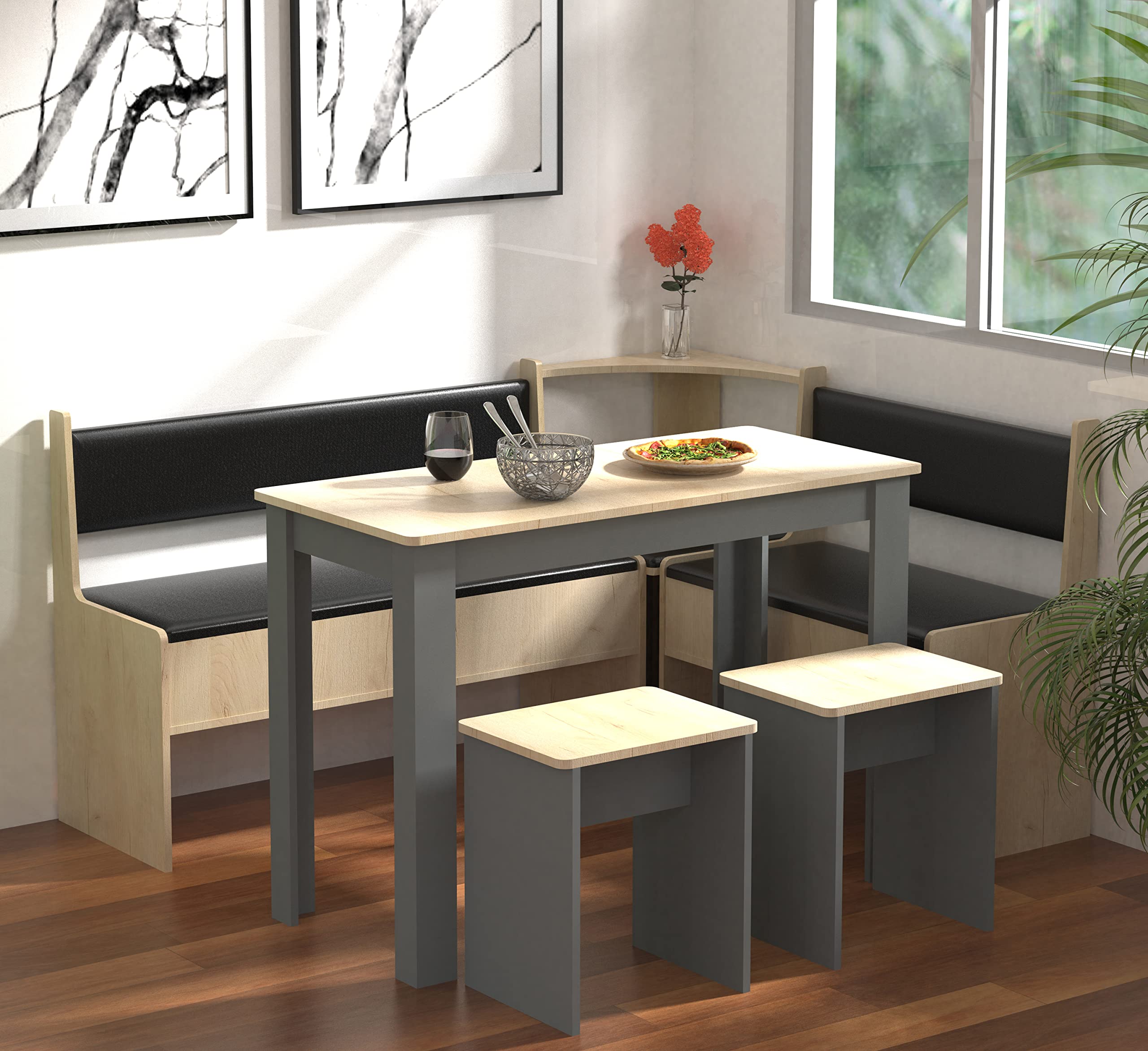 VCM Groupe de bancs d'angle Groupe de sièges de Cuisine Banc Table Tabouret Esal Maxi Groupe de bancs d'angle Groupe de sièges de Cuisine Banc Table Tabouret Esal Maxi Anthracite/Chêne Miel