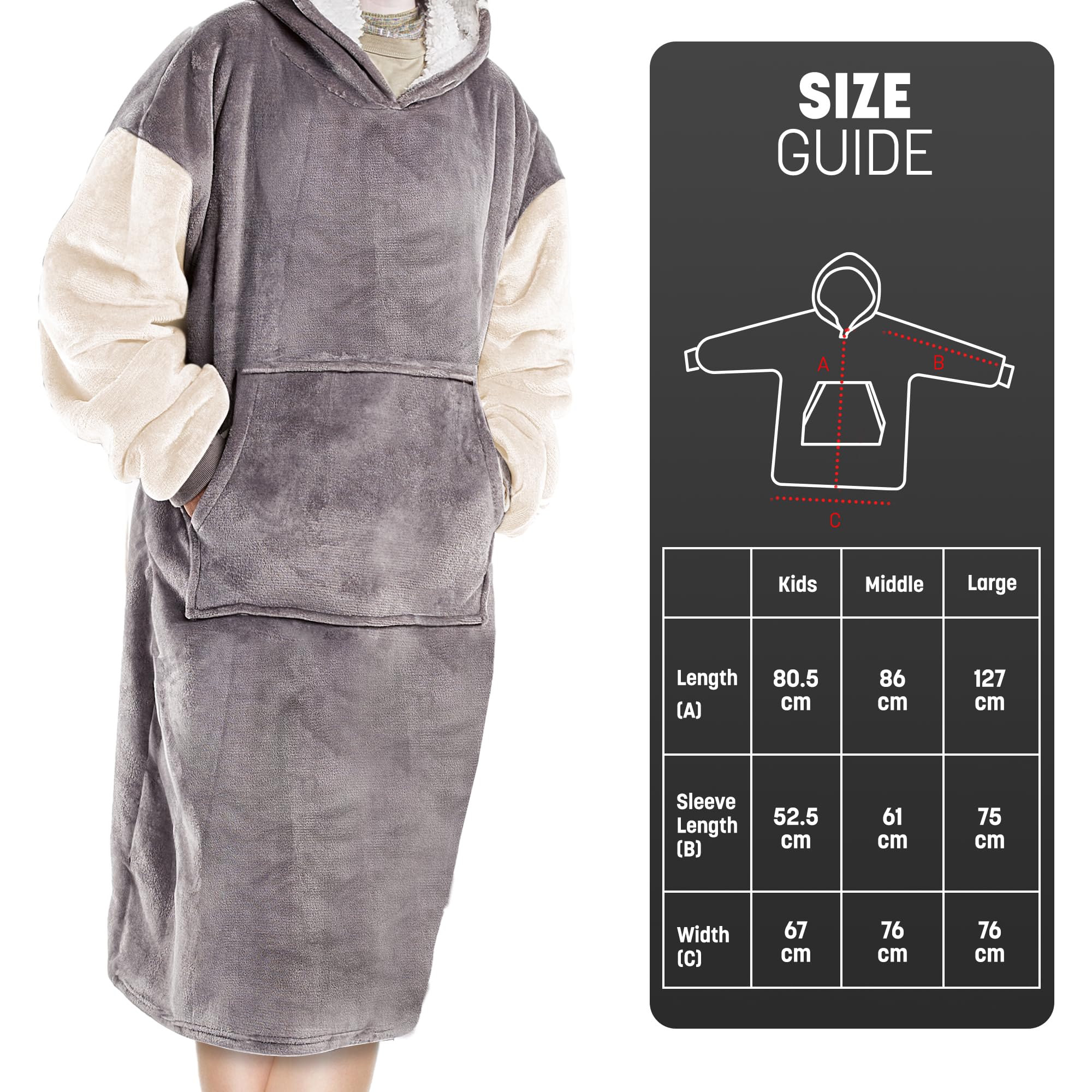 KEPLIN Oversized Blanket Hoodie, Thermal & Soft Hoodie Blanket with Sherpa Lining, Large Pocket & Elasticated Cuff Sleeves - Image 2