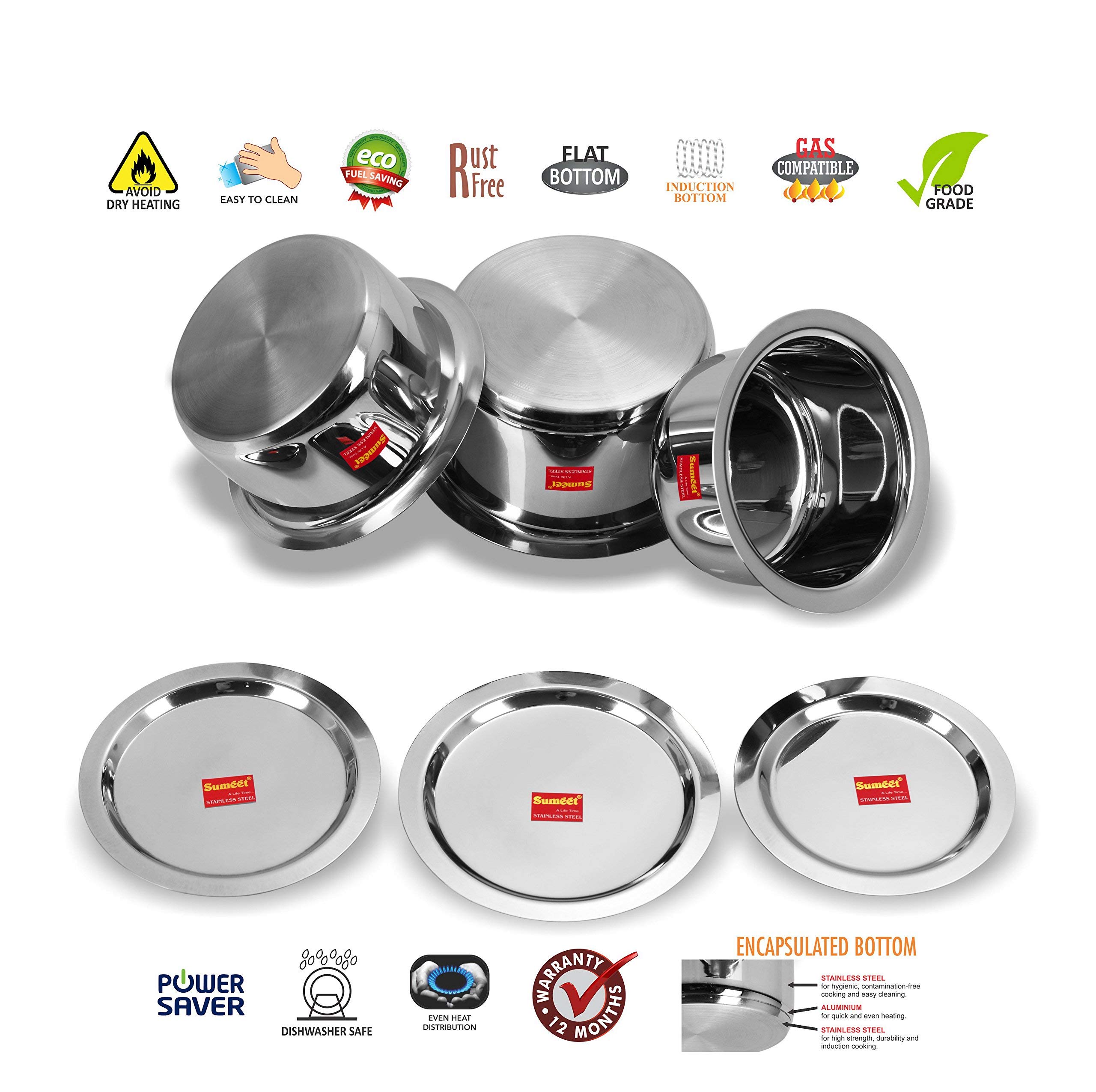 Sumeet 3 Pcs Stainless Steel Induction Bottom (Encapsulated Bottom) Induction & Gas Stove Friendly Container Set/Tope/Cookware Set With Lids Size No.12 to No.14 (1.7 Ltr to 2.8 Ltr)
