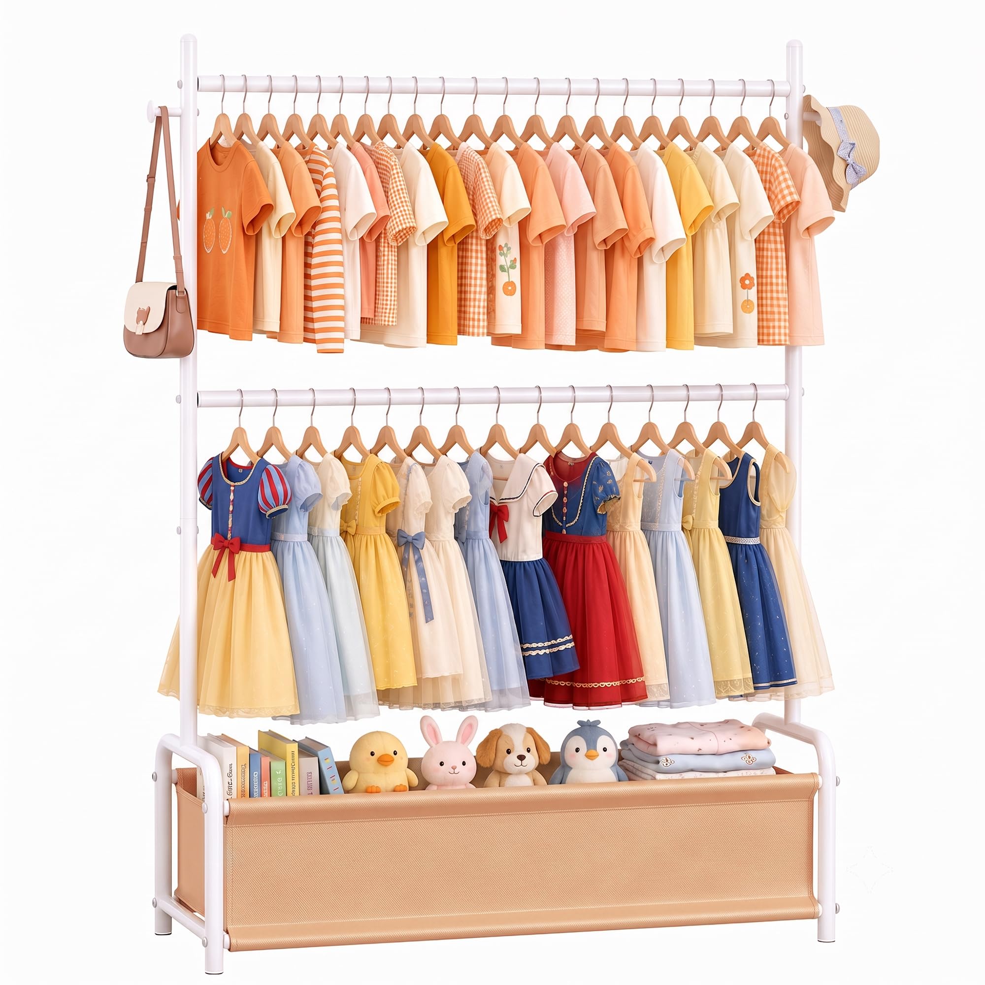 Kids Double Rod Clothes Rail with Storage Basket & Hooks, Portable Kids Dress Up Rail for Coats Skirts, Small Baby Childrens Dressing Up Rail for Hanging Clothes, Kids Wardrobe Organizer, White