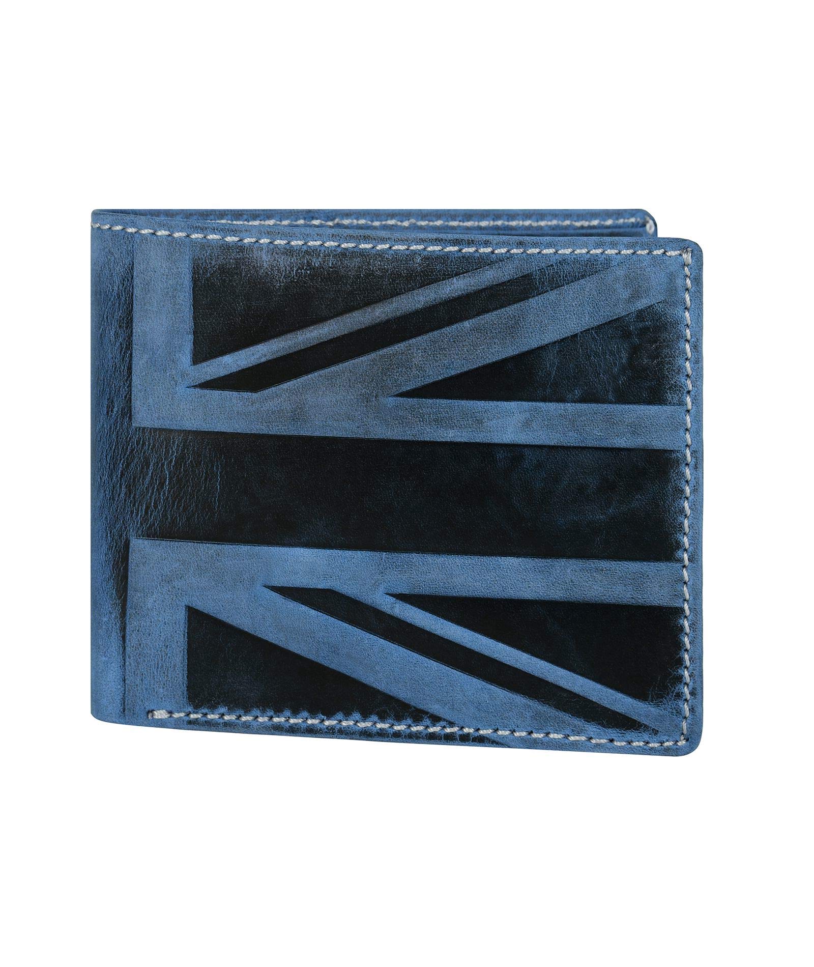 Designer London Real Distressed Leather Mens Wallet with Zip Coin Pocket Credit Carder Holder Bifold Purse UK Union Jack (Blue)