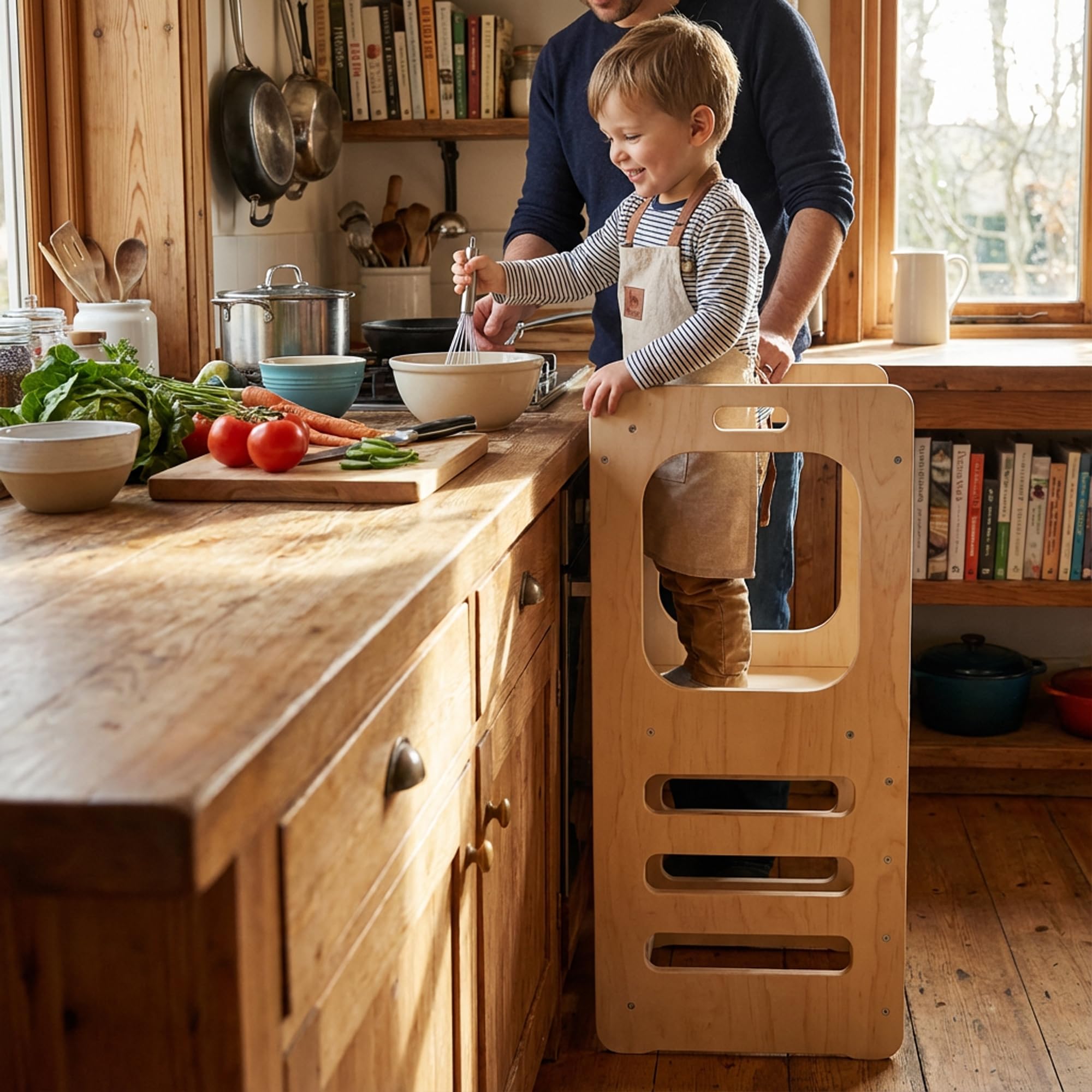 Deryan Tour d Observation Enfant Montessori - Stable & Sécurisée, Hauteur réglable sur 3 Niveaux - Tour d'apprentissage - Fabriqué en Europe - 90 cm - Learning Tower/Toddler Tower - Naturel