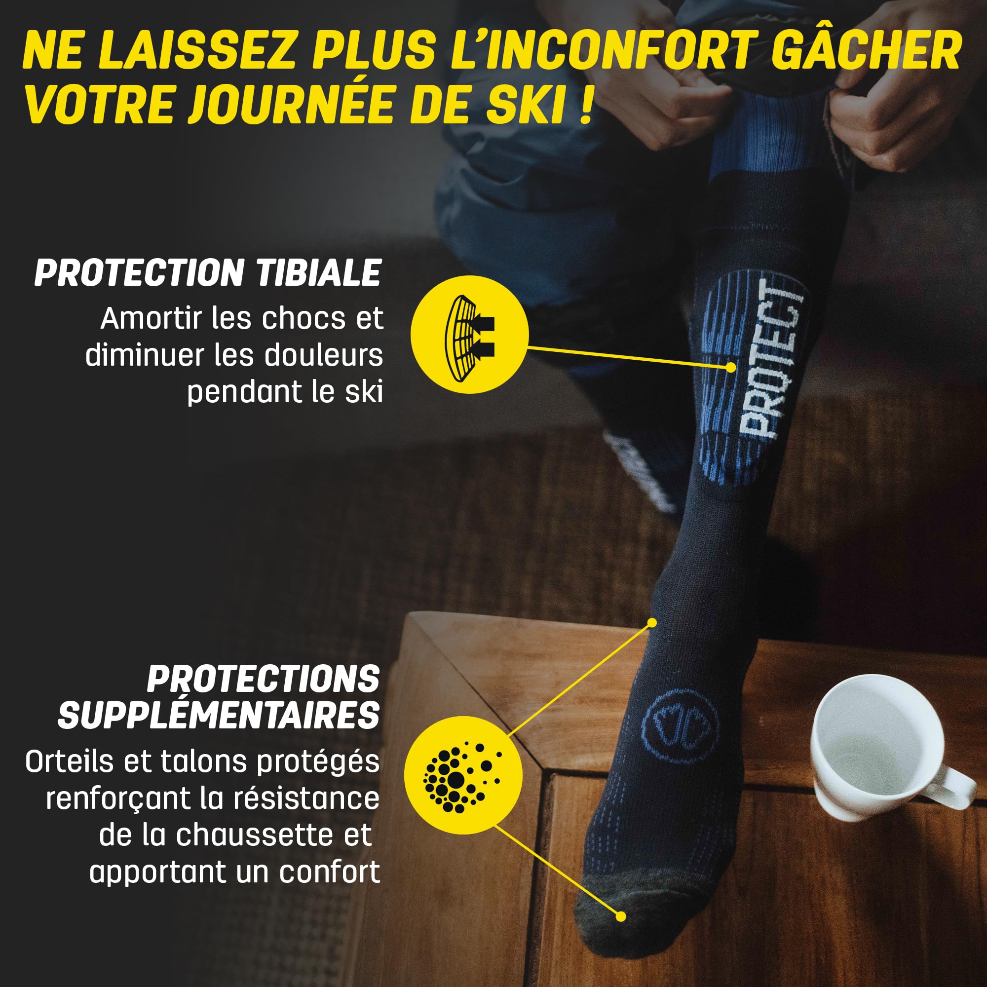 Sidas Chaussettes de ski unisexes en laine mérinos pour temps froid Protection tibia Volume moyen