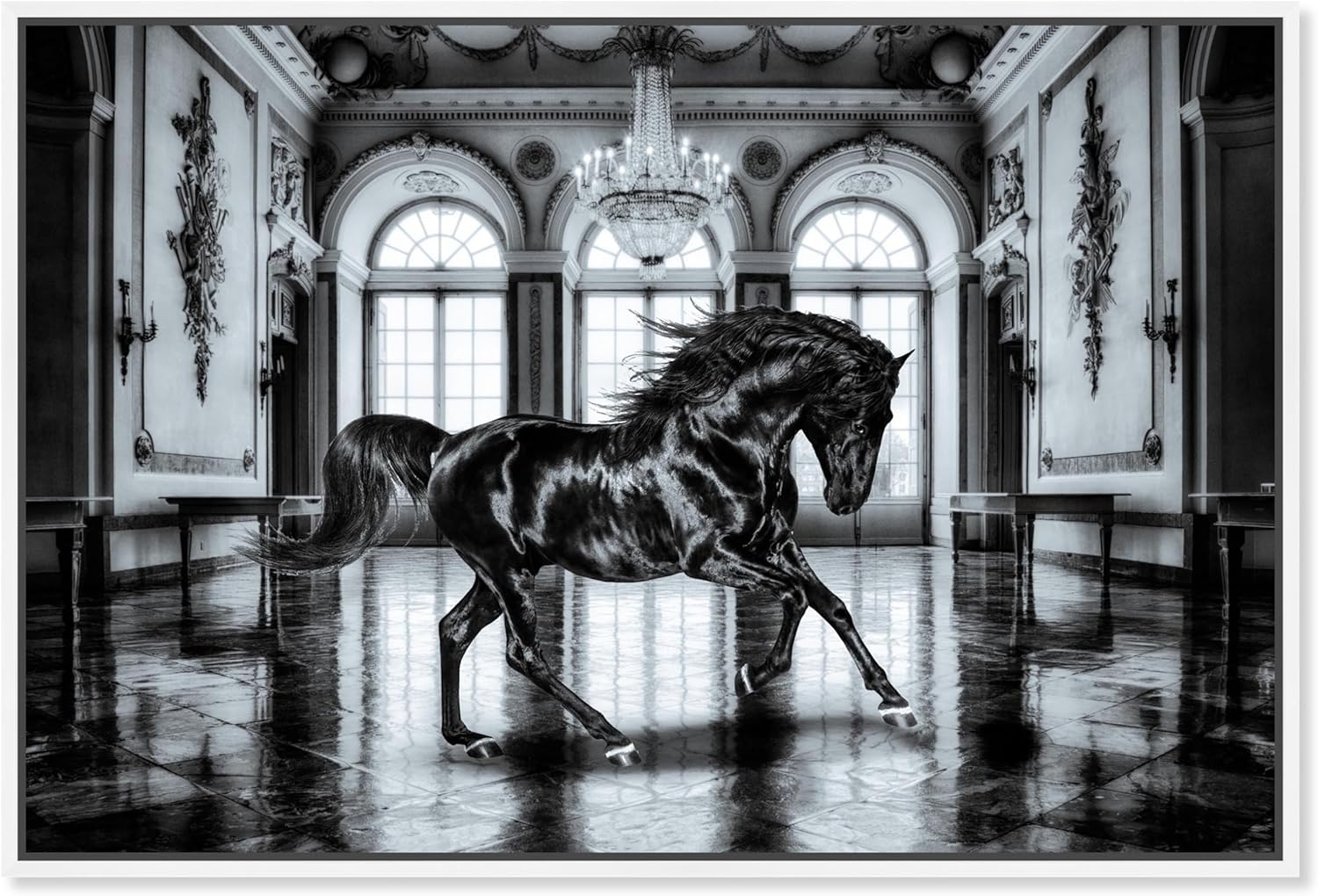 The Oliver Gal Artist Co. Country Glam Canvas, 54" x 36", Black Frame, Elegant Black Ballroom Horse