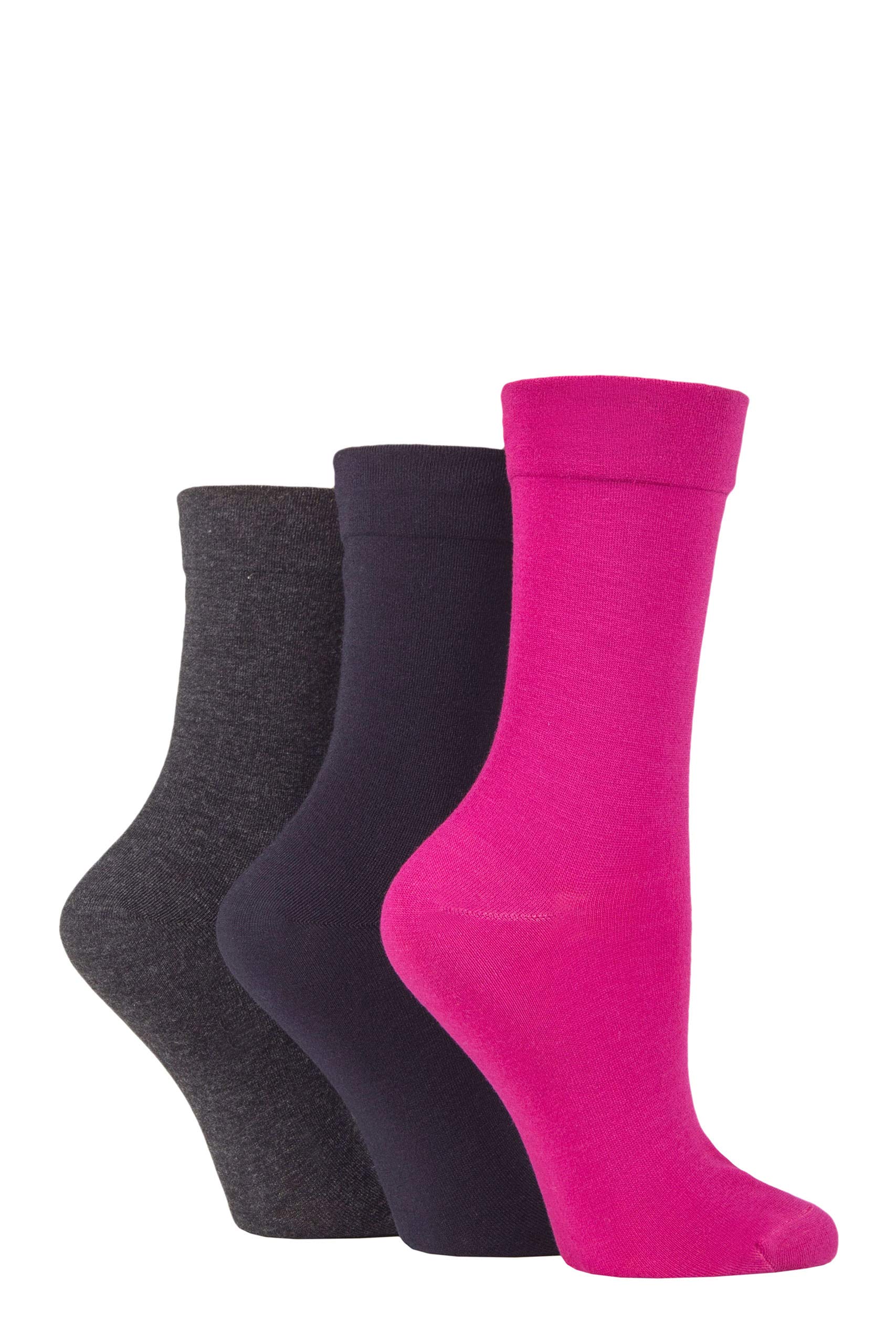 Sockshop Women's Pink / Charcoal / Navy Gentle Bamboo Socks With Smooth Toe Seams In Plains And Stripes Pack Of 3 Pink/Charcoal/Navy 4-8