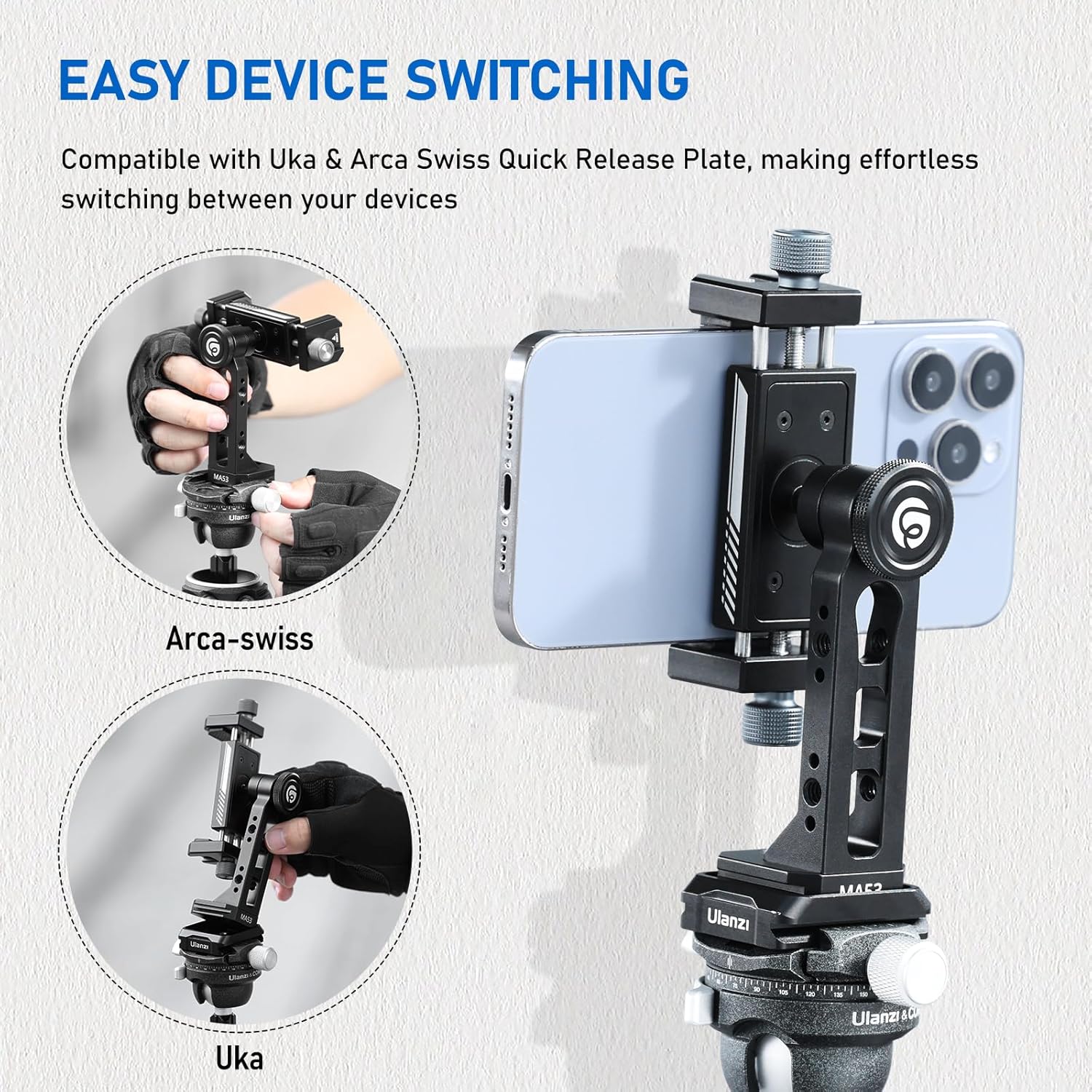 Ulanzi MA53 Metal Tripod Phone Mount, Smartphone Tripods Adapter with Arca Swiss/Uka Port, 2 Cold Shoe, 360° Cellphone Tripod Mount, for iPhone 17 Samsung Holder for Photo Video Vlogging Rig - Image 2