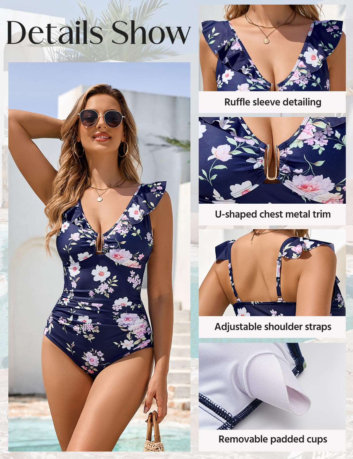 Costume Intero Donna Scollo a V con Chiusura Metallica a U Balze,Moda Modellante Curvy Sexy con Motivi Floreali Costumi per la Spiaggia e la Piscina