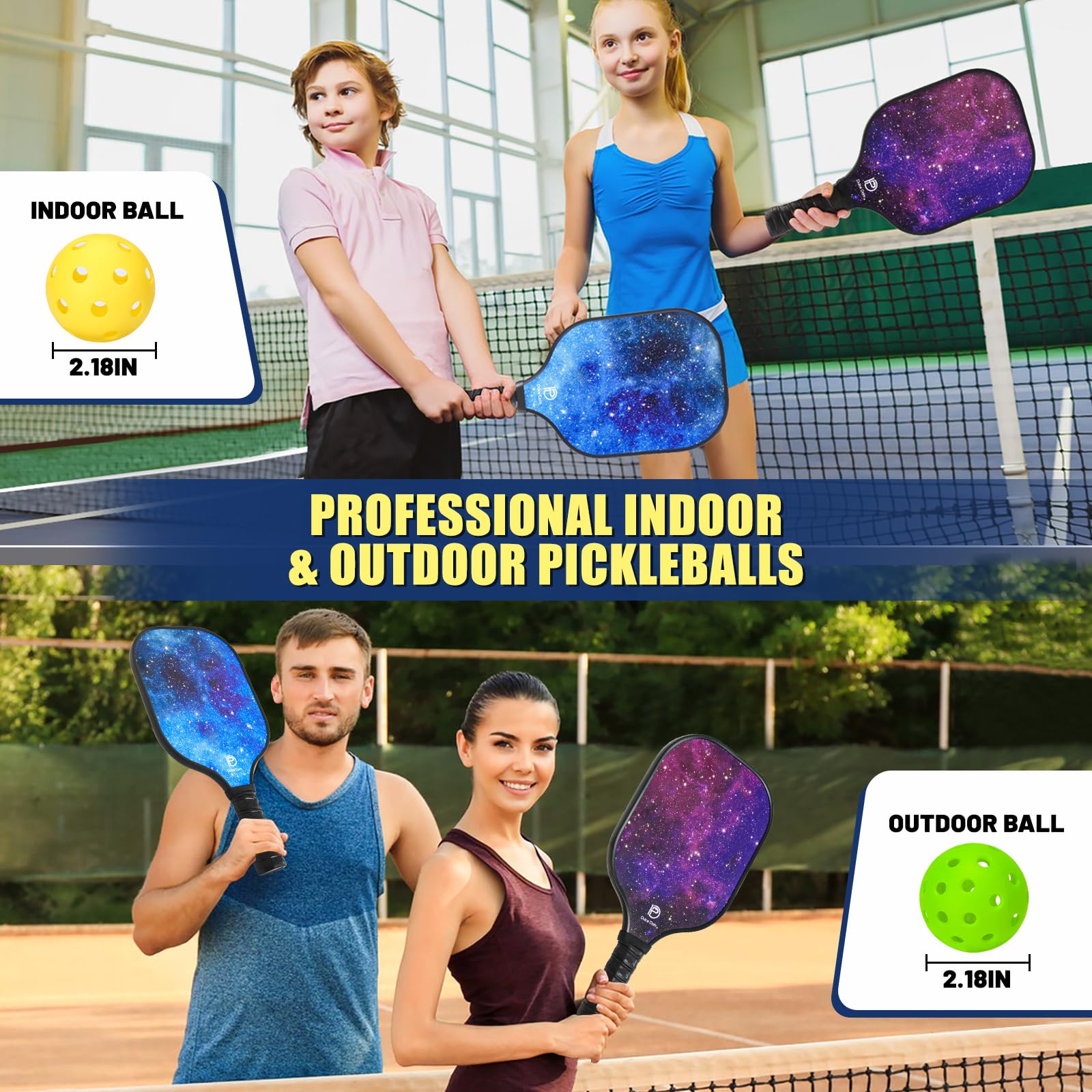 DULCE DOM Set di 2/4 racchette da pickleball in fibra di vetro approvate USAPA, con racchette da pickleball, 4 palline da pickleball e borsa da pickleball, racchette da pickleball, regali per