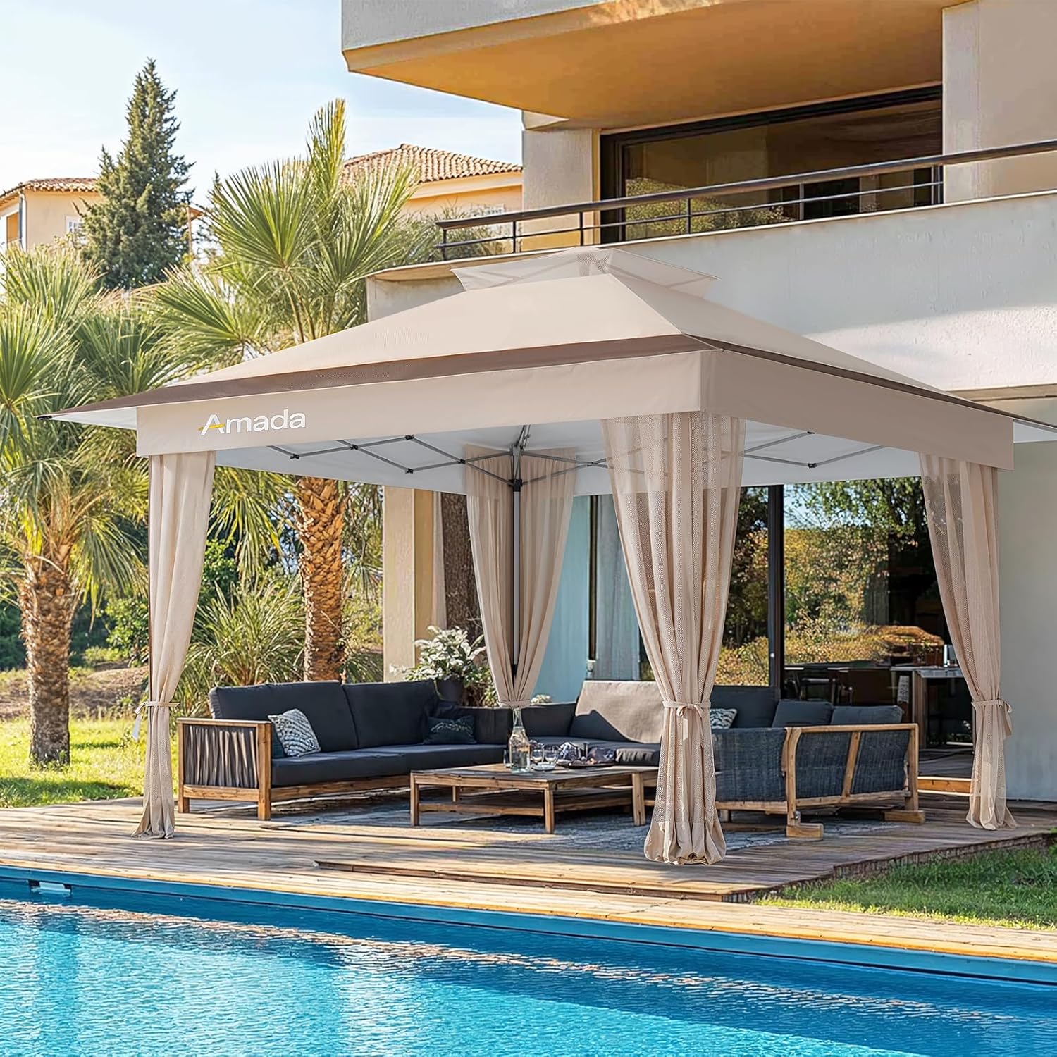 Amada 13x13 Pop Up Outdoor Gazebos on Clearance for Backyard & Patio Furniture with Wheeled STO-N-Go Cover Bag, Carpa Pop Up Tent with Shelter Mosquito for Patio, Lawn, Garden(13×13ft, Khaki)