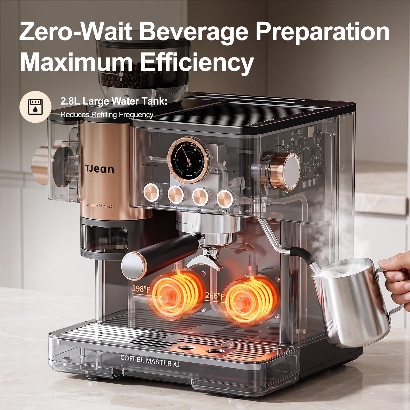 TJEAN Barista Senso – Macchina da Caffè a Doppia Pompa per Caffè in Grano con Macinatore Integrato, Espresso, Latte e Cappuccino con Sistema di Compattazione Intelligente, Schiumatore di Latte Manuale