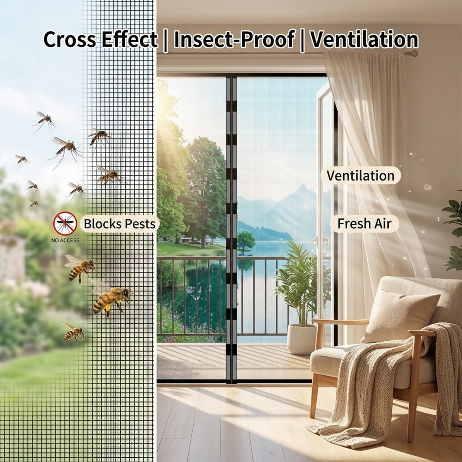 Fliegengitter Fenster Magnet Insektenschutz Atmungsaktiv Moskitonetz Fliegennetz Ohne Bohren Mit Klettband, Einfache Montage Mückenschutz(Black,150x300cm)