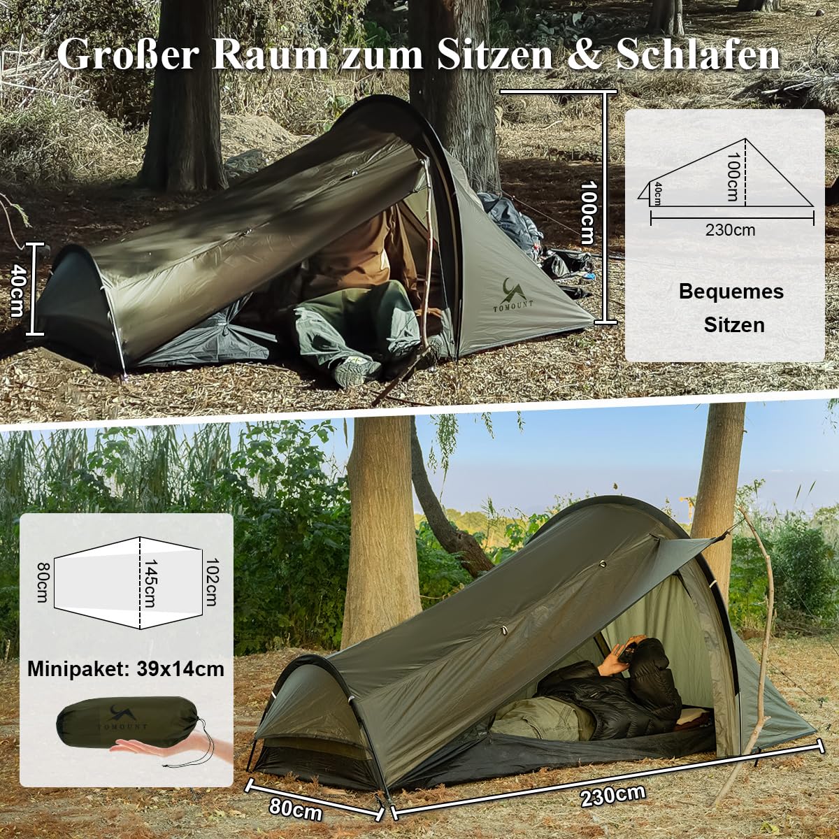 TOMOUNT Ultralight Biwaksack Nylon Bivy Zelt 1 Person wasserdichtes kleines Packmaß Trekkingzelt EIN-Man Zelt für Hikking, Camping, Outdoor, Klettern mit Rucksack