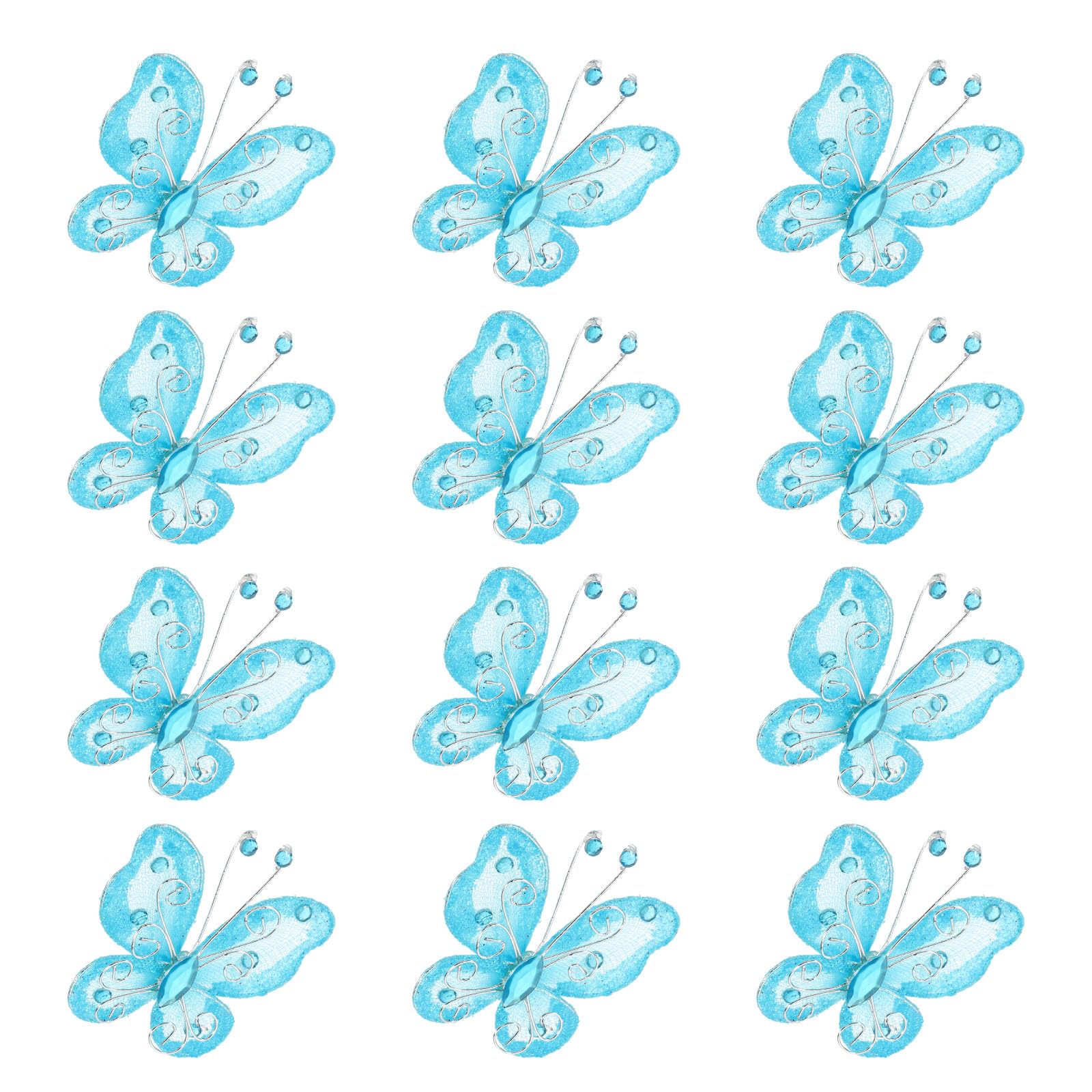 PATIKIL 12Pcs Butterflies for Crafts, 2.2" Mesh Wire Glitter Butterfly Organza Butterflies for DIY Craft Home Decor Clothing Wedding Decoration, Light Blue