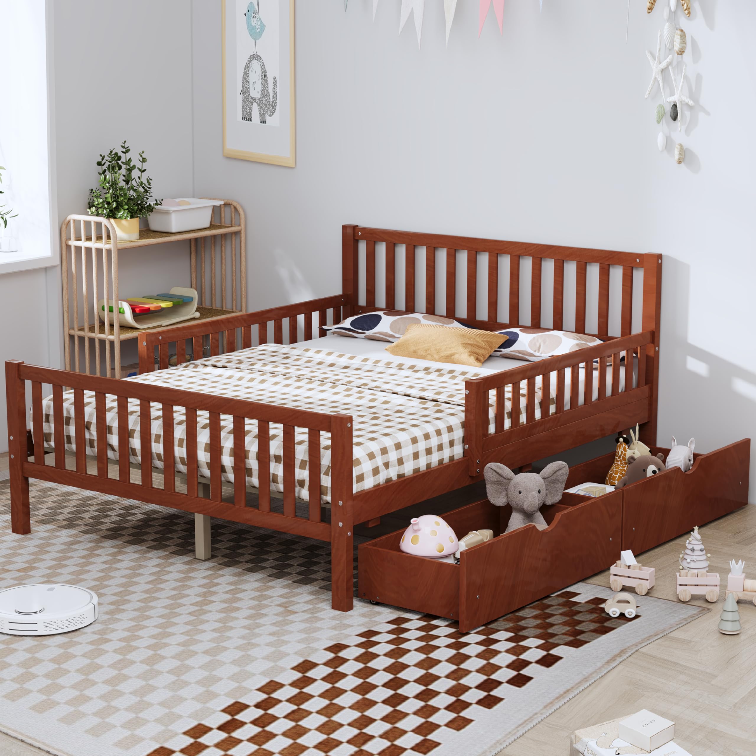 THINK 30 Full Size Wood Platform Bed for Kids Teens Boys Girls, Bed Frame with Guardrails on Both Sides and Two Storage Drawers, No Box-Spring Needed