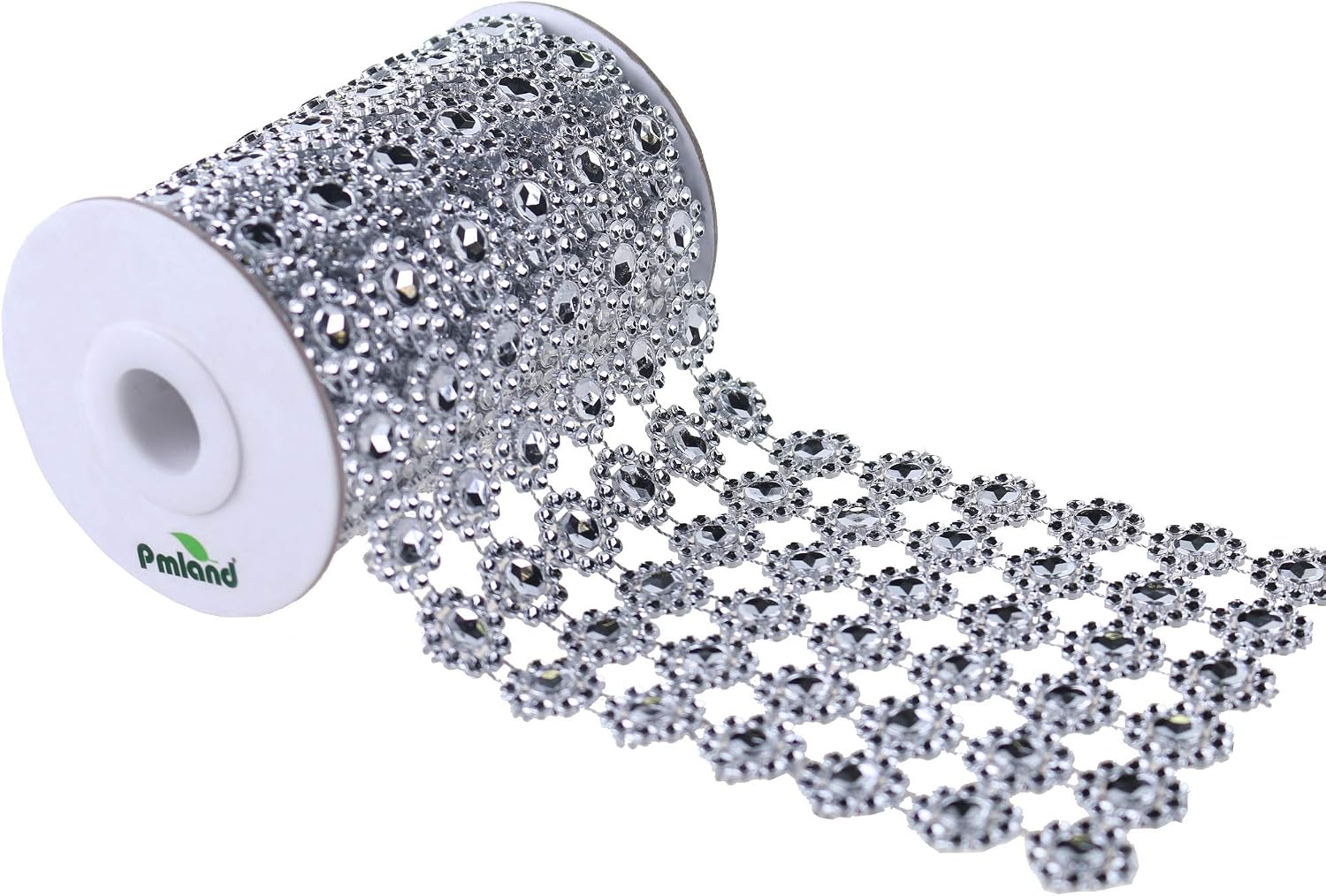 PMLAND Silver Diamond Flower Shape Mesh Wrap Roll Faux Rhinestone Crystal Ribbon - 4 Inch Wide 5 Feet Long