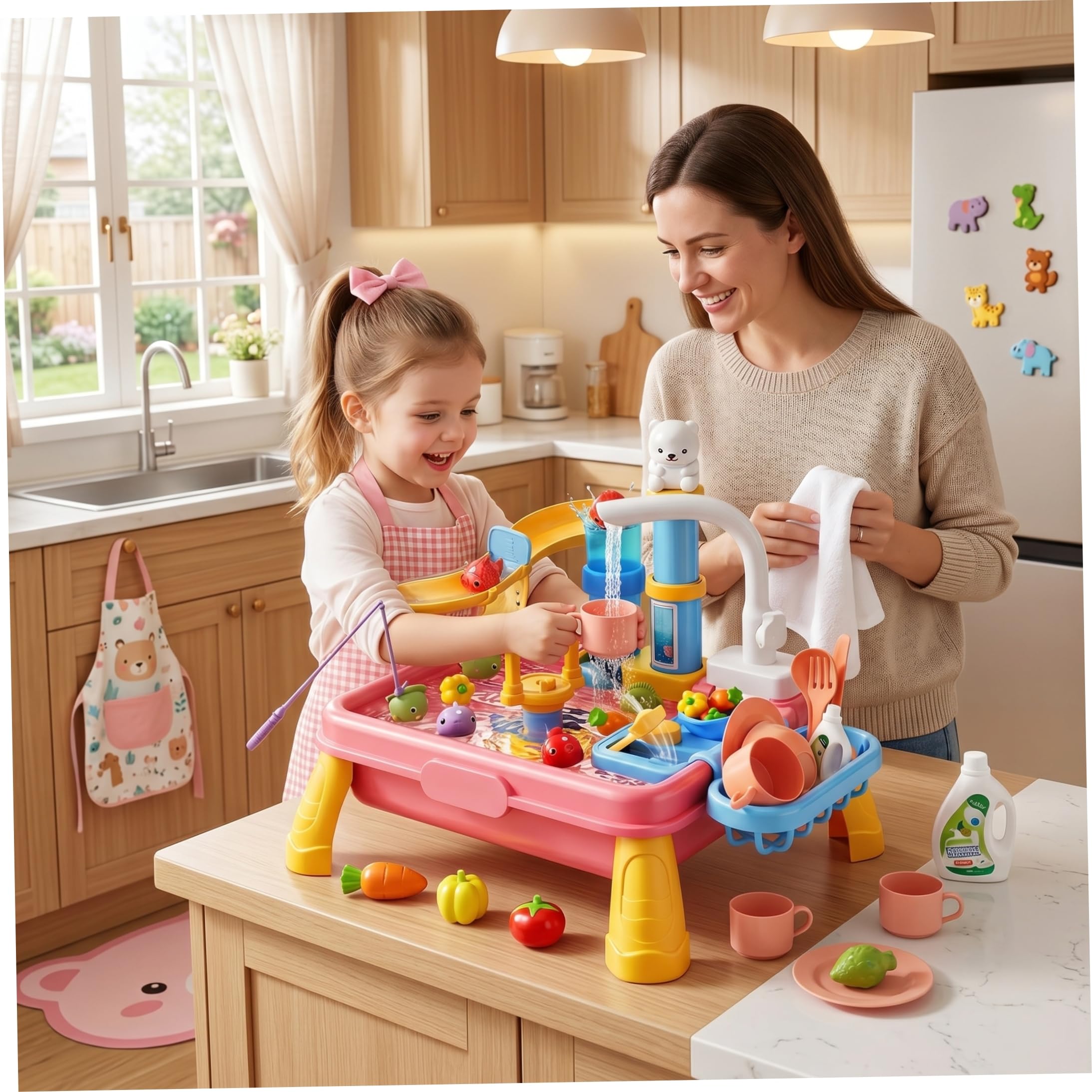 Lavandino da gioco con acqua corrente, Tavolo da acqua per bambini 7 in 1 con giocattolo da pesca Realistico Fai finta di giocare a Circolazione automatica del giocattolo della cucina per le ragazz