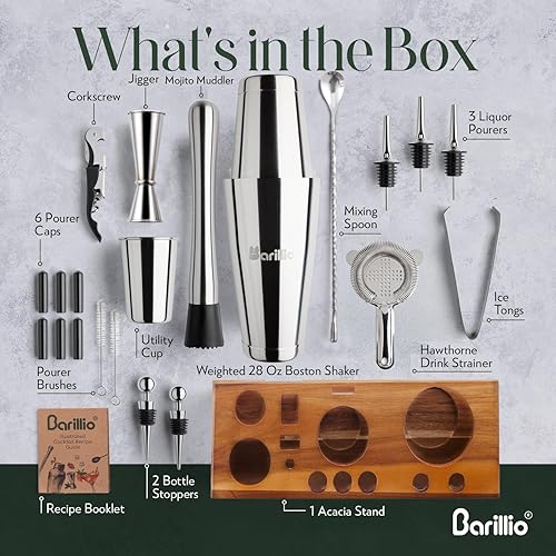 Miniatura 3 de BARILLIO - Juego de coctelera de 23 piezas de barman herramientas de barra de acero inoxidable con elegante soporte de bambú, bolsa de transporte de