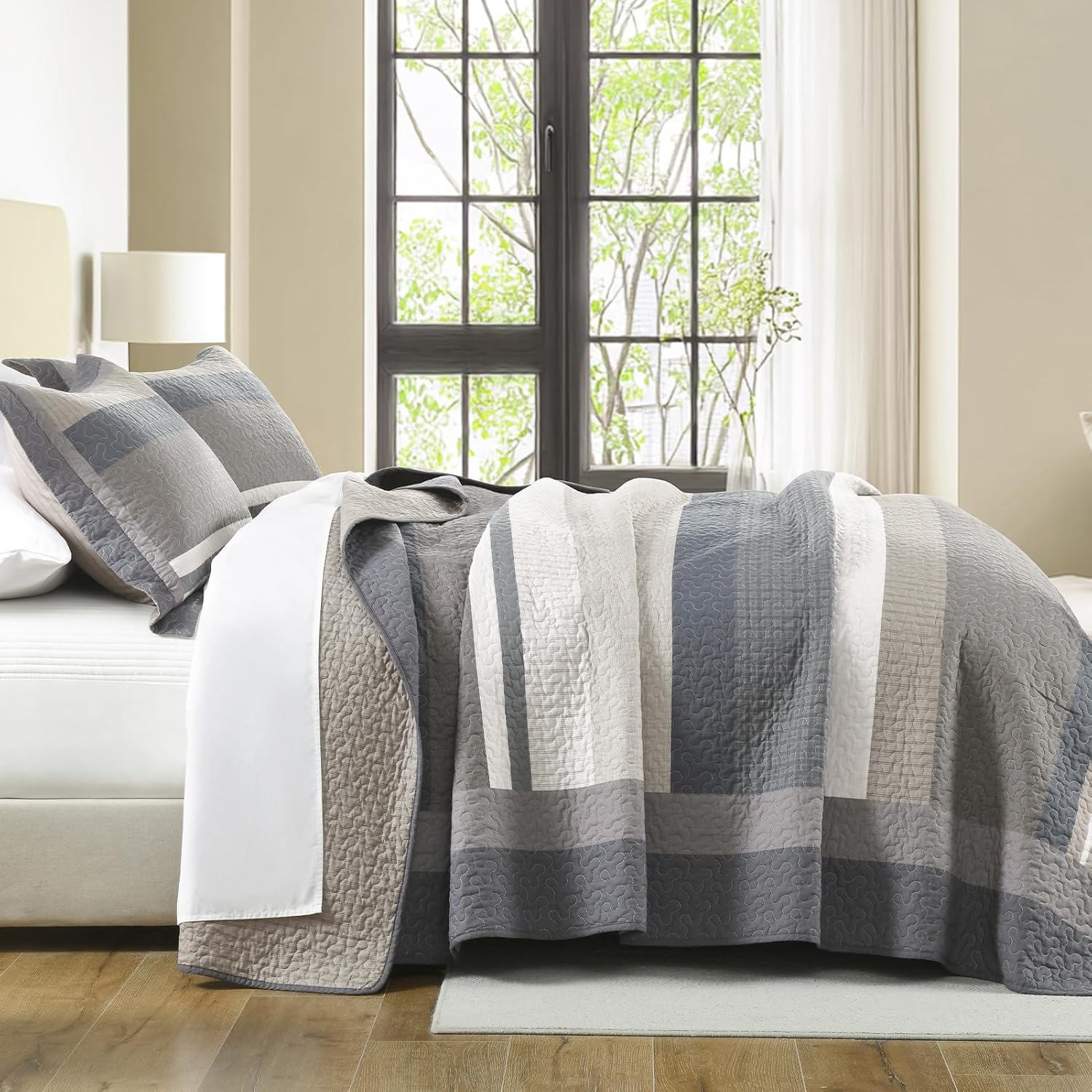 100% Cotton Quilts King Size, King Quilt Bedding Set Bedspread, Striped Quilt for King Bed, 3 Pieces Farmhouse Reversible Lightweight Comforter Bed Spread, Brown/Beige/Taupe - Image 5