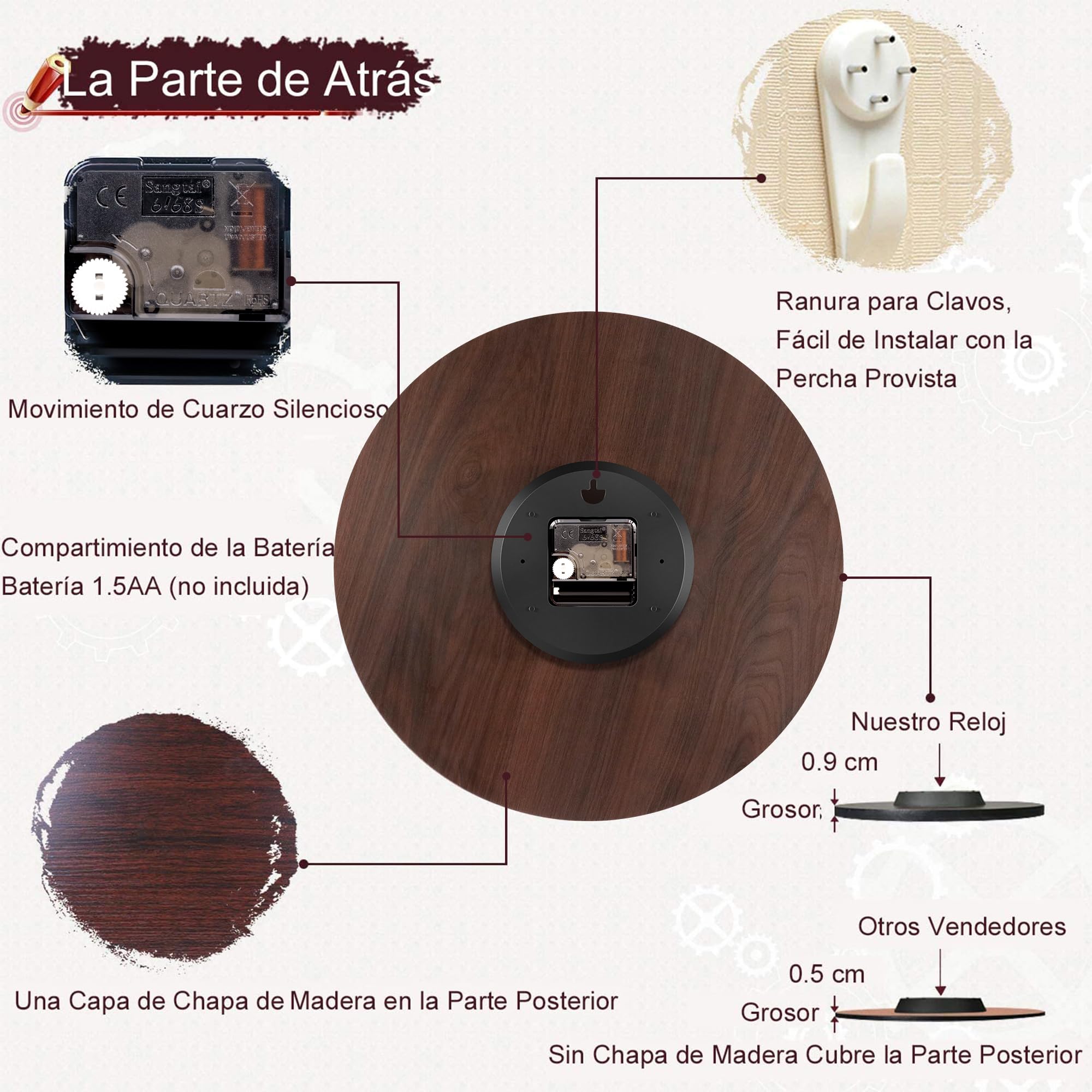 VIKMARI Reloj de Pared 34cm Silencioso, Madera Rústica para Salón Comedor | Motor silencioso de cuarzo sin tictac. Diseño rústico con números romanos en madera MDF, ideal para tu salón o comedor.