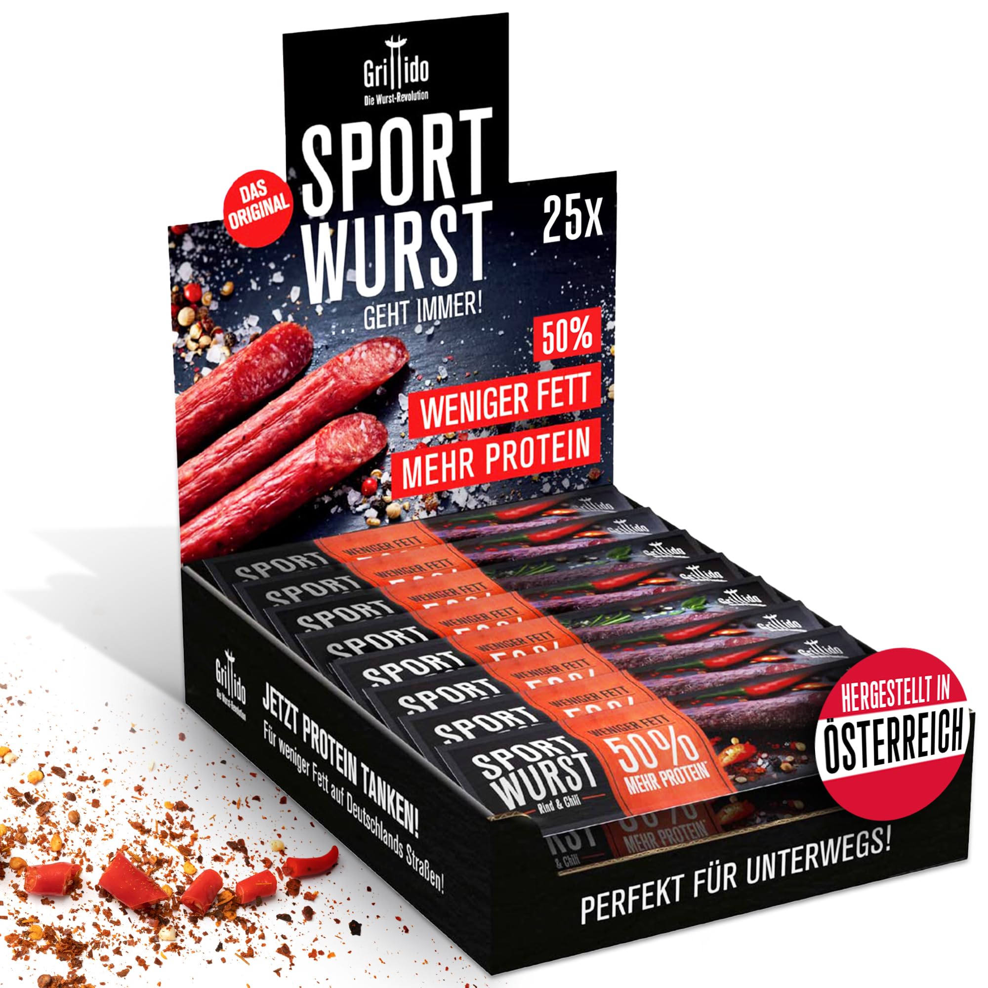 Grillido Sportwurst Rind & Chili 25x20g (500g) aus Österreich – Proteinreicher Fleischsnack mit 39% Eiweiß, ohne Zucker, ohne Schweinefleisch – Herzhafte Alternative zu Beef Jerky & Proteinriegel