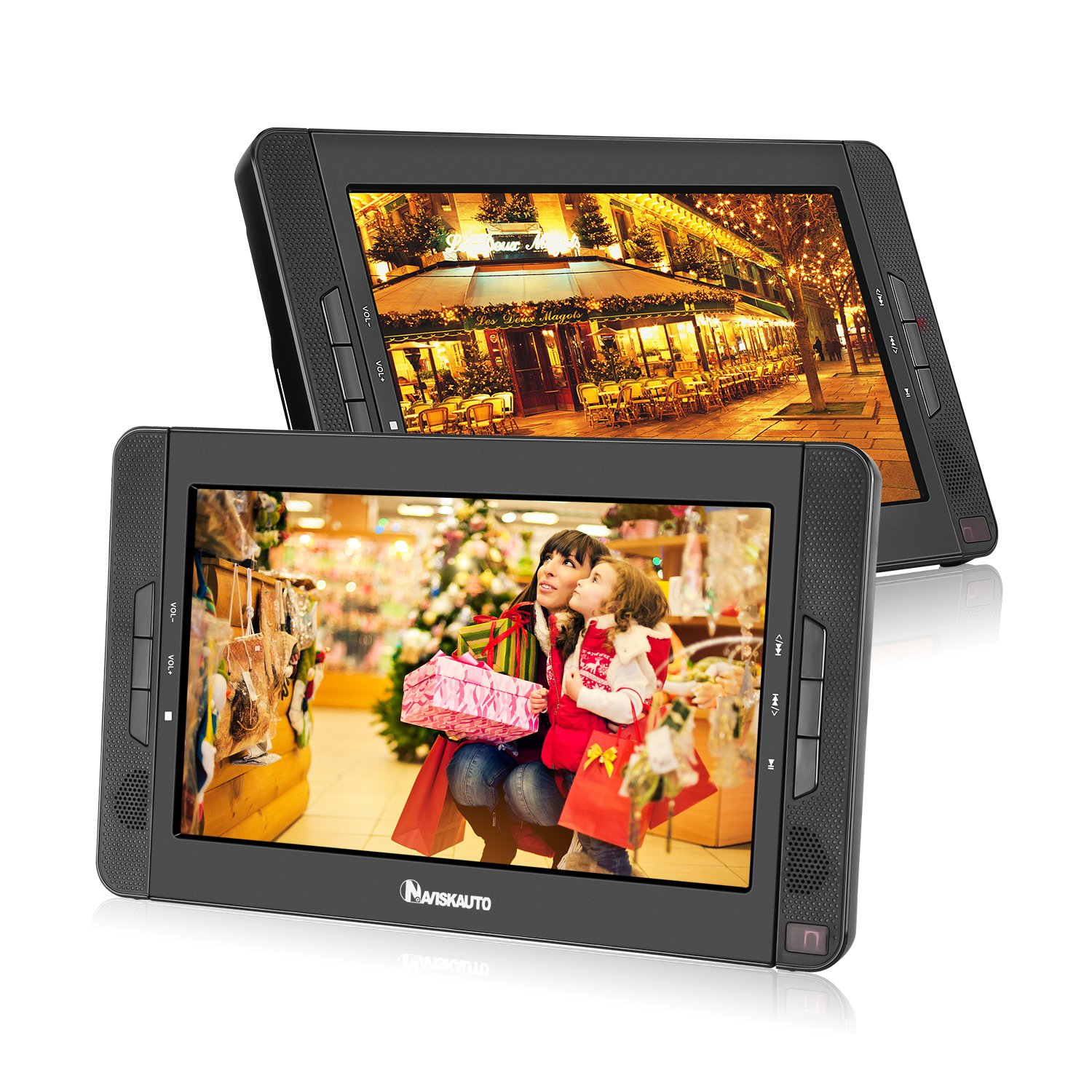 NAVISKAUTO 10,1" DVD Player für Auto Tragbarer DVD Player 1080P HD TFT Bildschirm FM Kopfstütze Monitor Memory HDMI SD USB mit IR Kopfhörer 12V (Doppel Player)