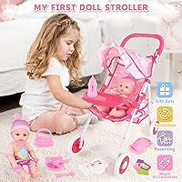Vista 2 de deAO Juego de cochecito de muñeca de bebé de 12 pulgadas con cochecito de muñeca plegable, 15 piezas, accesorios para muñecas de bebé para niños