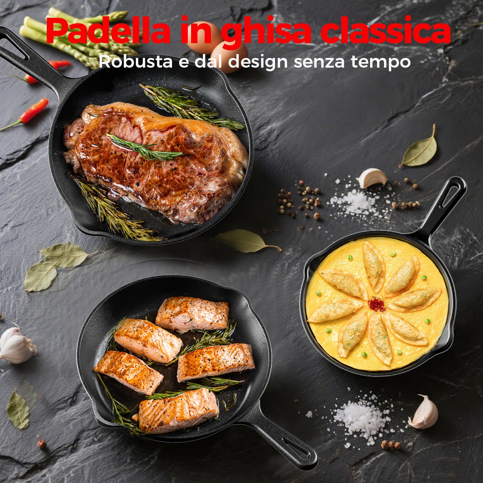 YASHE Set di 3 Padelle in Ghisa, Padelle Naturali da Condire, Robuste e Resistenti, Ideali per Varie Preparazioni, Misure 16/20/26 cm