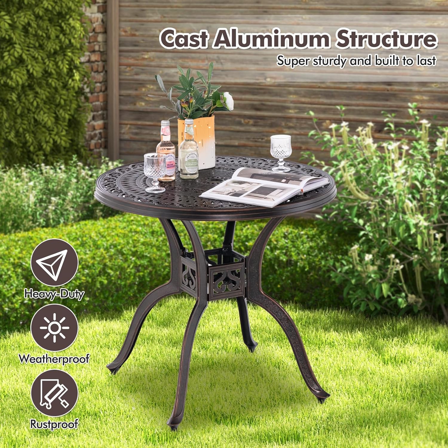 Giantex 31.5" Patio Bistro Table, Cast Aluminum Table Side Table with 2" Umbrella Hole & Adjustable Footpads, All-Weather Metal Outdoor Round Dining Table for Porch, Backyard
