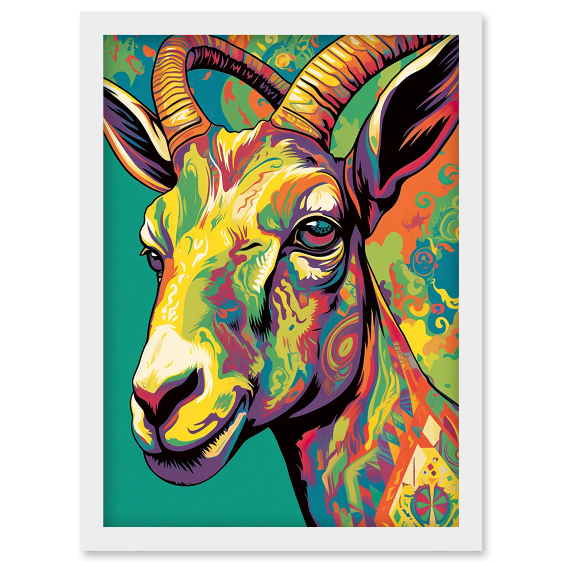 Artery8 The Trippy Goat Psychedelic Portrait Vibrant Colourful Patterns Modern Pop Art Artwork Framed Wall Art Print A4