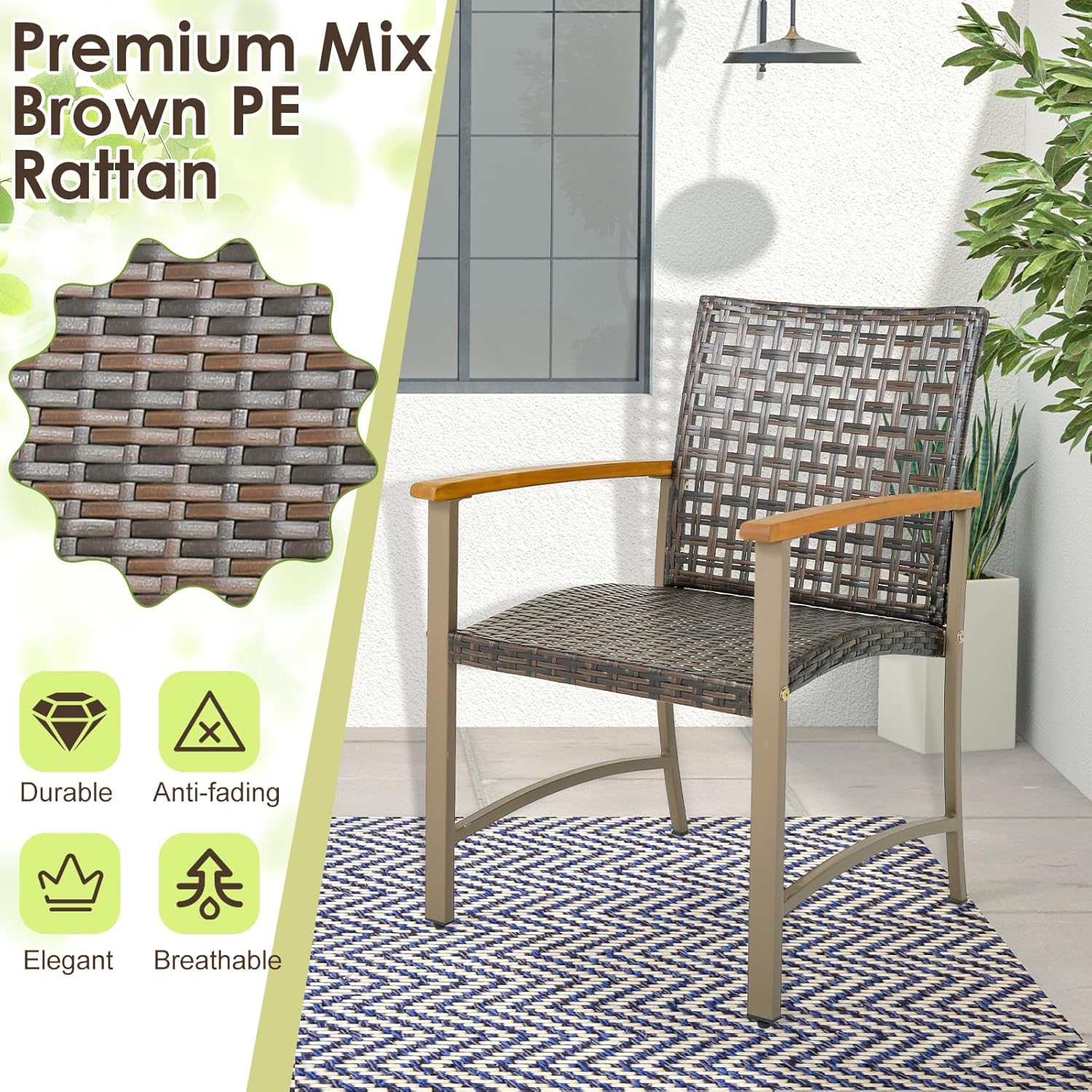 HAPPYGRILL Outdoor Rattan Chair Set of 4, Patio PE Wicker Dining Chairs with Acacia Wood Armrests, Sturdy Metal Frame, Ergonomic Curved Seat, Outside Rattan Armchairs for Balcony Porch Poolside