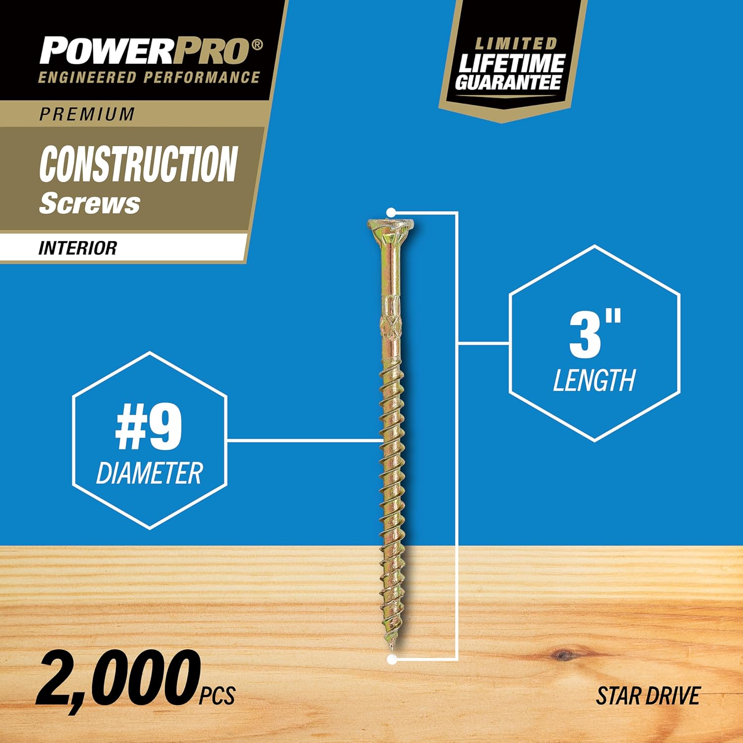 Power Pro 967770 Wood Screws, #9 x 3, Premium Star Drive Indoor Cabinet Screws, Gold Yellow Zinc, 1/4 Keg, 2000 pcs