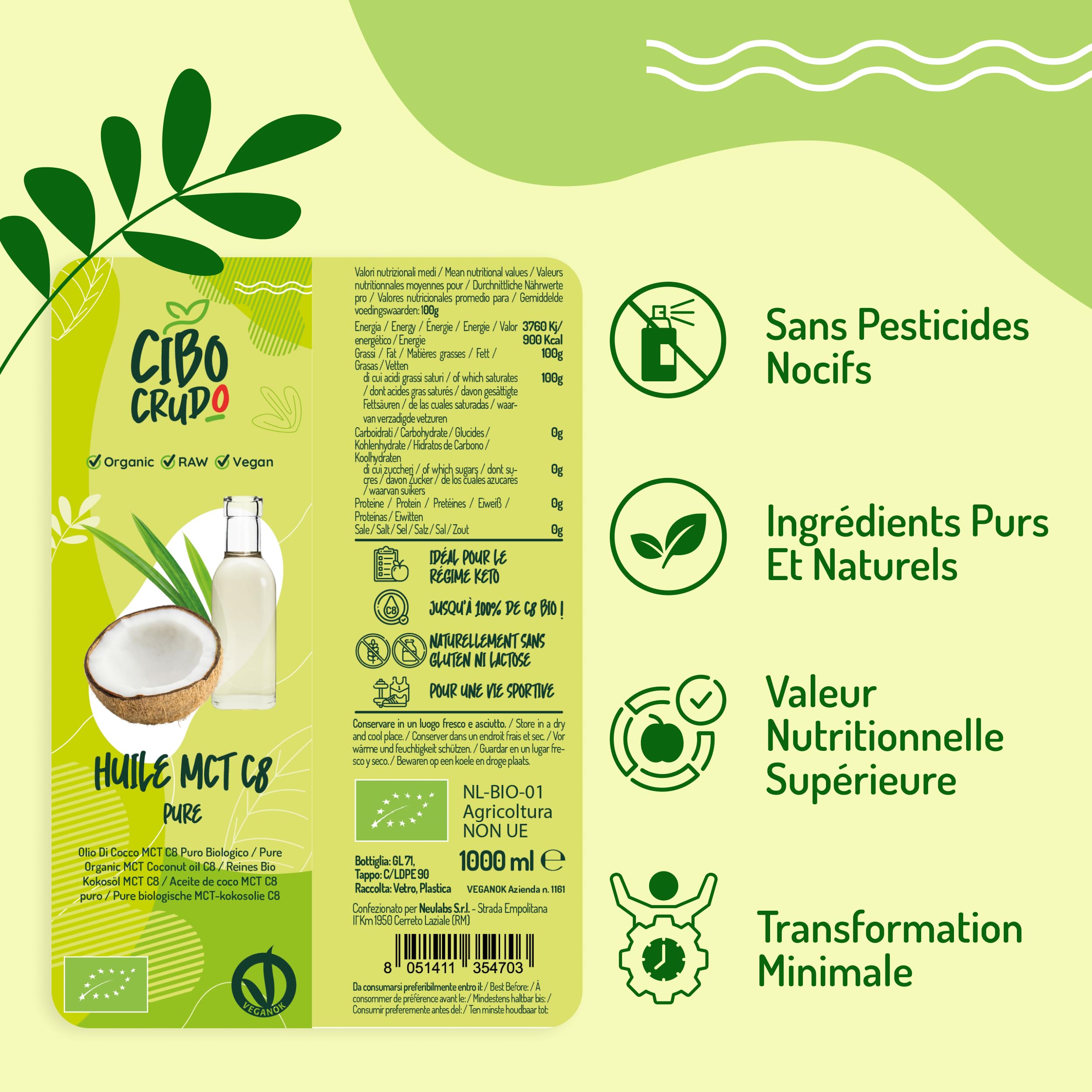 Huile MCT C8 Pure Biologique Pressée à Froid - 1LT. MCT Oil Commestibile Bio pour Keto Paleo ou pour Usage sur Corps et Cheveux. Huile Vegan et Végétarienne. - Bio Oil